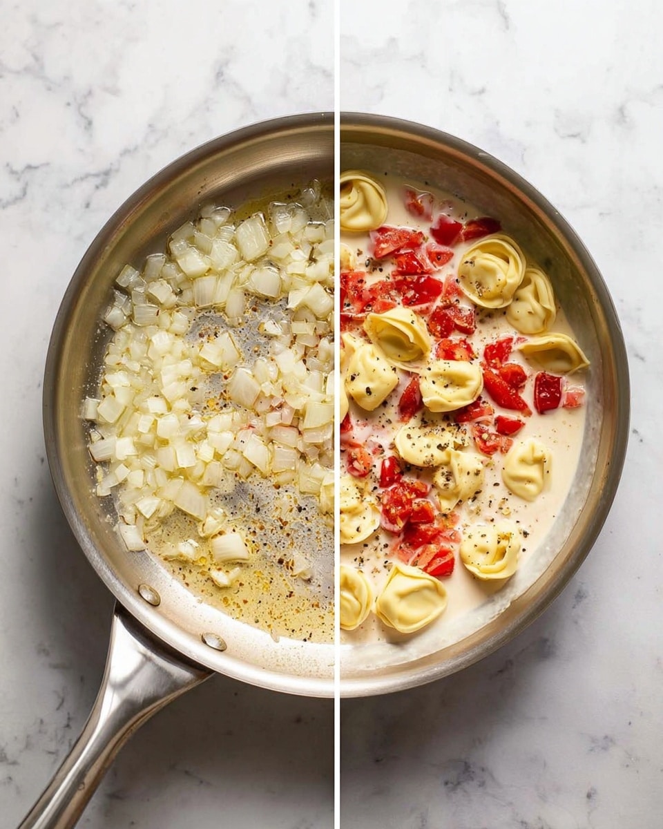 A shiny silver pan sits on a white marbled surface. Inside the pan, in the left image, there is one layer of small, chopped white onions cooking in a thin layer of oil, softening and turning slightly clear. In the right image, the same pan shows multiple layers: a creamy white sauce forms the base, topped with scattered chopped red tomatoes, sprinkled black pepper, and pale yellow tortellini pasta pieces resting on top, some beginning to float. The textures vary from smooth sauce to the soft, plump tortellini and small tomato bits. The pan handle extends out toward the bottom left. photo taken with an iphone --ar 4:5 --v 7