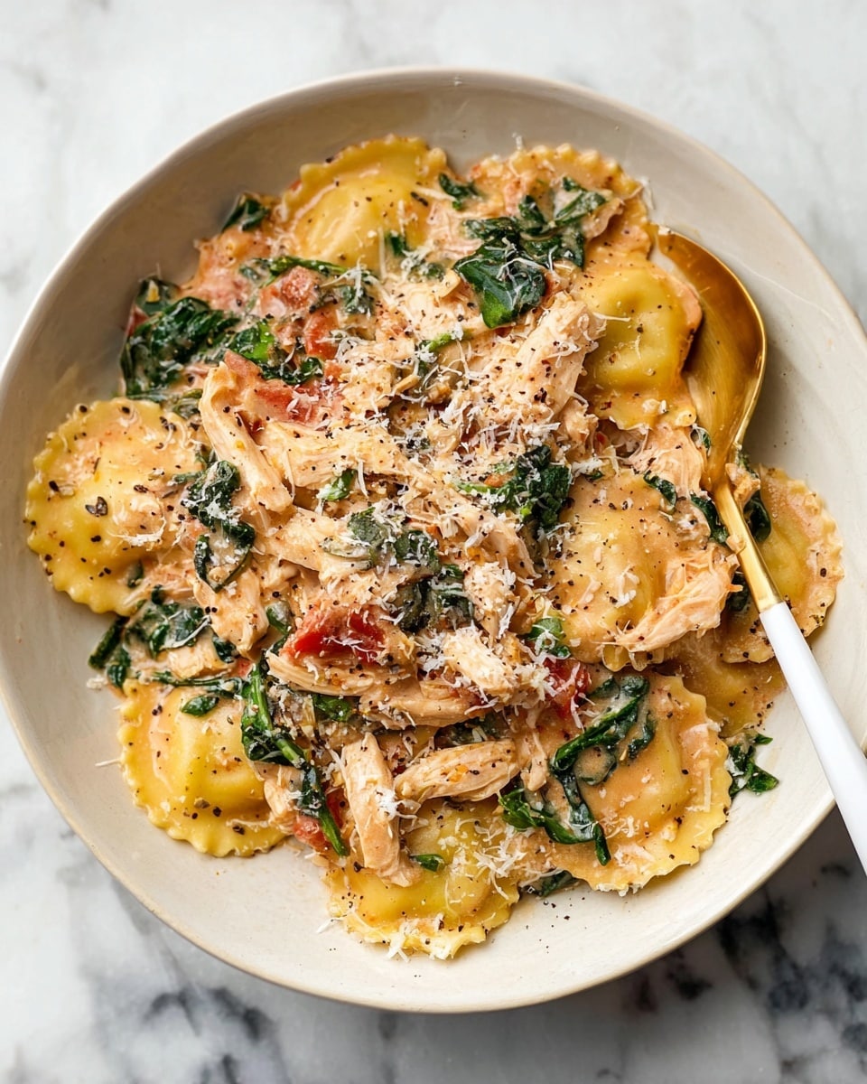 A white bowl filled with a creamy pasta dish that has three main layers: the bottom layer is small yellow ravioli with a soft, smooth texture; the middle layer contains shredded light brown chicken mixed with wilted dark green spinach and pieces of red tomato; the top layer is covered in a thick light orange sauce sprinkled with finely grated white cheese and small black pepper flakes. A gold and white spoon rests inside the bowl, and the bowl sits on a white marbled surface. photo taken with an iphone --ar 4:5 --v 7