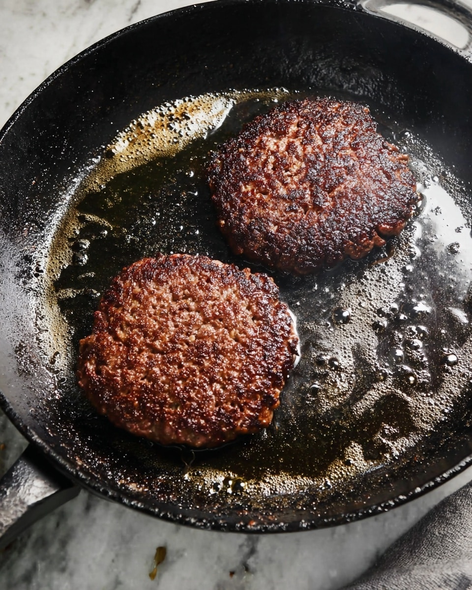 The image shows two browned burger patties cooking in a black cast iron pan. Each patty is textured with a crispy, darker brown crust with some shiny spots from the oil sizzling around them. The pan surface is shiny with hot cooking oil, and small bits of cooked residue are visible near the patties. The pan is set on a surface with a white marbled texture. photo taken with an iphone --ar 4:5 --v 7