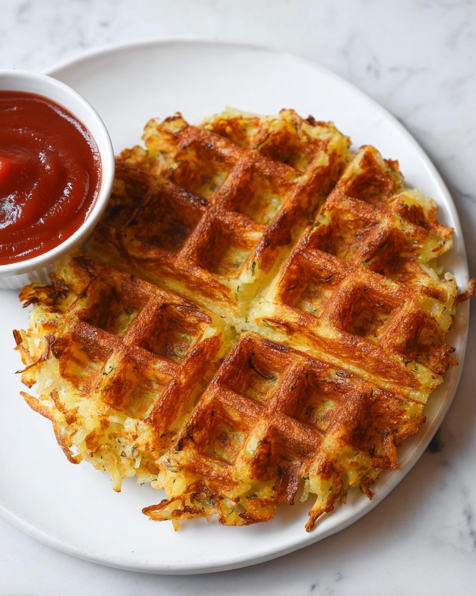 A single golden brown potato waffle with crispy edges and textured grooves is placed on a white round plate, showing a crunchy and slightly uneven surface with hints of shredded potato strands. To the left side of the plate, a small white bowl contains a smooth deep red sauce, adding color contrast to the scene. The plate rests on a white marbled surface. photo taken with an iphone --ar 4:5 --v 7