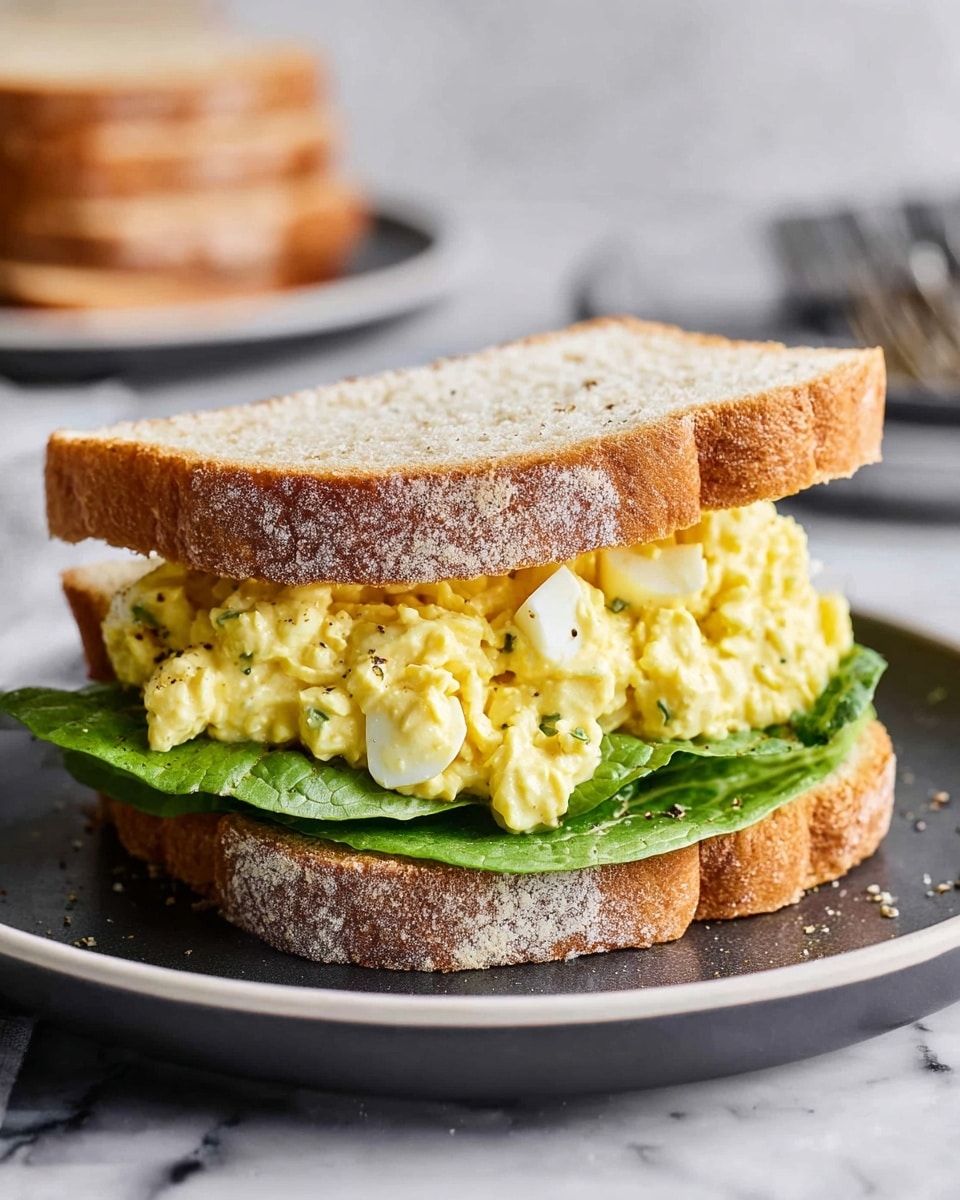 A sandwich with two thick slices of light brown bread with a soft texture, each slice showing a slightly rough and flour-dusted crust; the bottom slice holds a layer of fresh green lettuce with a shiny, smooth texture, topped by a thick, fluffy layer of pale yellow egg salad mixed with small white chunks and specks of black pepper. The sandwich sits on a white plate with a dark gray matte finish, placed on a white marbled surface, with a blurred stack of similar bread slices visible in the background. Photo taken with an iphone --ar 4:5 --v 7