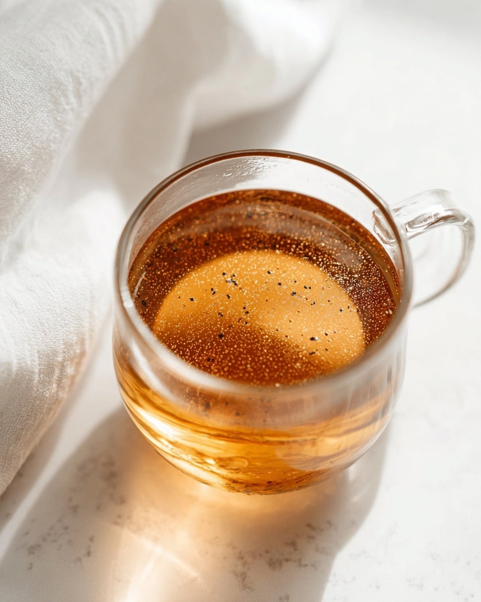 A clear glass cup filled with a golden-brown liquid that has tiny dark specks floating throughout, sitting on a white marbled surface. The cup has a simple, smooth handle on its side, and a white soft fabric is partially visible in the top left corner. The light shining on the liquid creates a warm glow, and the surface of the liquid looks smooth and still. photo taken with an iphone --ar 4:5 --v 7