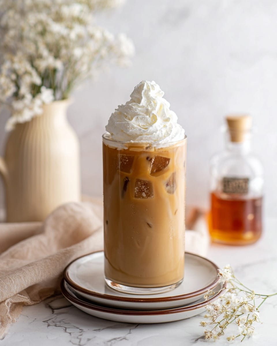 A tall clear glass filled with light brown iced coffee with visible ice cubes near the top, topped with a large swirl of white whipped cream. The glass sits on two stacked white plates with brown rims, placed on a white marbled surface. In the background, there is a cream-colored vase with small white flowers on the left and a glass syrup dispenser with amber liquid on the right. A soft white cloth is draped casually on the surface near the glass, and a small sprig of white flowers lies in the foreground. Photo taken with an iphone --ar 4:5 --v 7