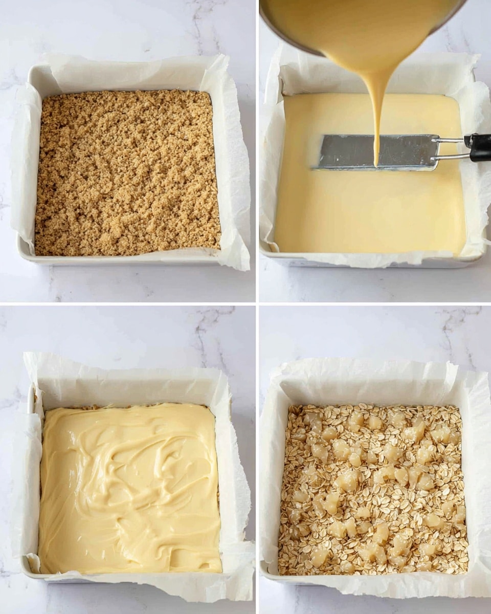 The image shows a four-step process of making a layered oat dessert in a white square baking dish lined with parchment paper on a white marbled surface. The first step shows a rough and textured layer of light brown oats pressed evenly at the bottom and sides. The second step shows a smooth, pale yellow cream layer being poured over the oat base, spreading from the center outward. The third shows the cream layer being spread evenly with a flat metal spatula that has a black handle. The last step displays a second layer of oats sprinkled roughly on top of the cream, with chunks of uneven size and a light golden color. photo taken with an iphone --ar 4:5 --v 7