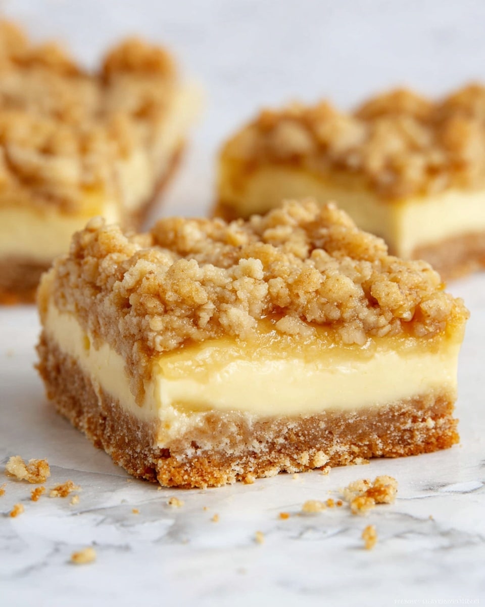 The image shows a close-up of a square dessert bar on a white marbled surface with some crumbs around it. The dessert has three layers: the bottom layer is a light brown, crumbly crust, the middle layer is a creamy pale yellow filling, and the top layer is a chunky, golden oat crumble with a rough texture. In the background, there is another square dessert bar that is slightly out of focus, showing the same layers. A piece is missing from the front bar, revealing the texture of all three layers clearly. Photo taken with an iphone --ar 4:5 --v 7