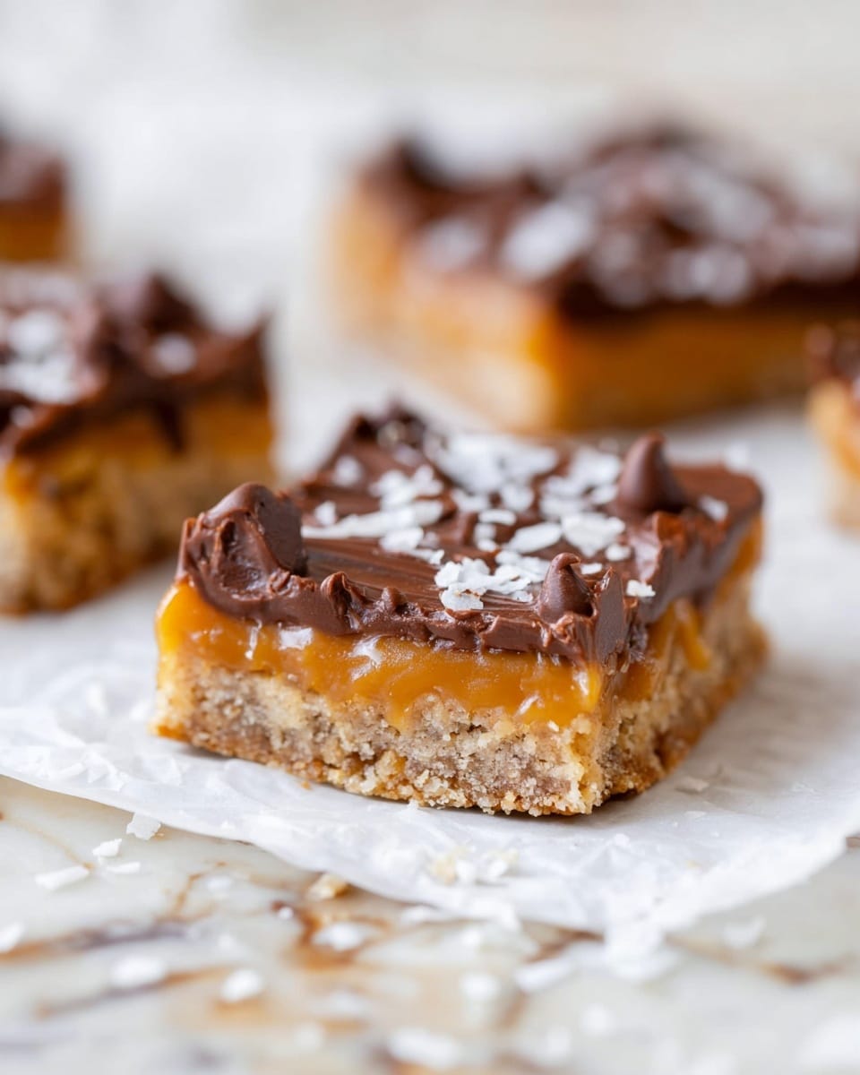 A close-up view of a square bar dessert showing three distinct layers: the bottom layer is a firm, crumbly light brown base, the middle layer is a golden caramel that looks smooth and glossy, and the top layer is melted chocolate chips spread unevenly with some chocolate pieces standing out. The dessert piece is placed on white parchment paper with scattered white flakes around it. Behind it, there are two more similar bar pieces slightly blurred, all set on a white marbled surface. Photo taken with an iphone --ar 4:5 --v 7