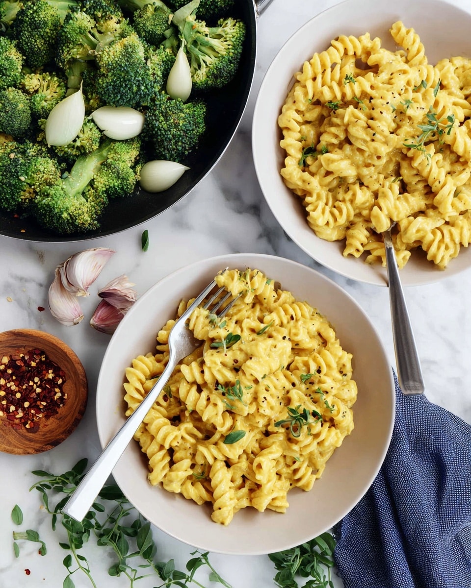 The image shows two white bowls filled with creamy yellow rotini pasta garnished with small green herb leaves and a few black pepper specks, each bowl containing a silver fork resting on the pasta. To the upper left, there is a dark pan filled with bright green broccoli florets with a few slices of white garlic. Below the pan, a small wooden plate holds red chili flakes. The whole setup is placed on a white marbled surface with scattered fresh green herb leaves and a folded blue cloth napkin near the bottom right corner. Photo taken with an iphone --ar 4:5 --v 7