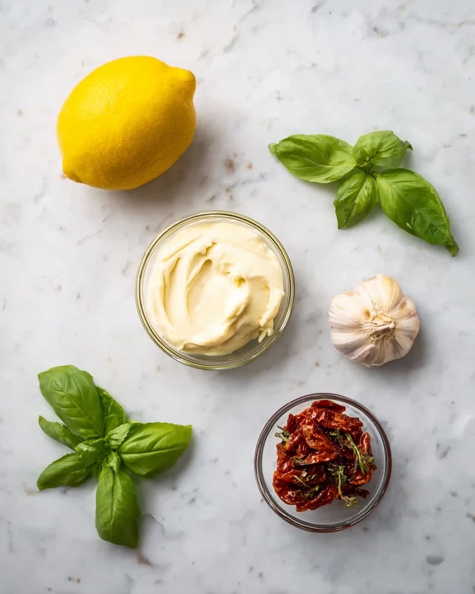 The image shows a white marbled surface with five items spaced out: a whole bright yellow lemon in the top left corner, a peeled garlic clove near the center, two fresh green basil leaves below the garlic, a small glass bowl filled with creamy white mayonnaise in the bottom left, and another small glass bowl with reddish sun-dried tomatoes mixed with herbs in the top right. photo taken with an iphone --ar 4:5 --v 7