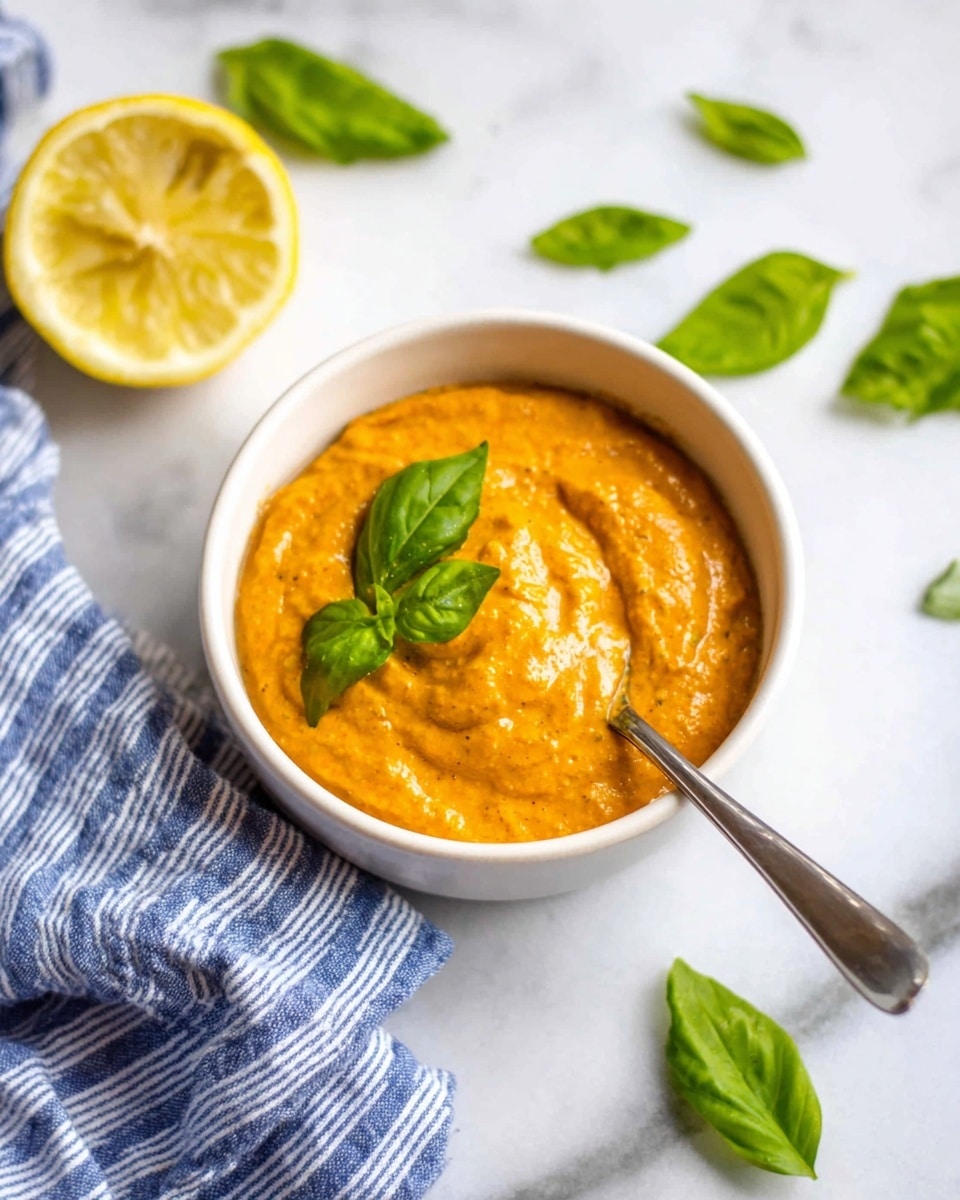 A small white bowl is filled with thick, creamy orange sauce that has a slightly textured surface. Two fresh green basil leaves sit on top of the sauce as a garnish. Inside the bowl, a silver spoon is partly dipped into the sauce on the right side. Around the bowl on a white marbled surface, there are scattered fresh green basil leaves and a half lemon with a bright yellow color on the left. To the right, a blue and white striped cloth is softly wrinkled and partially visible. Photo taken with an iphone --ar 4:5 --v 7