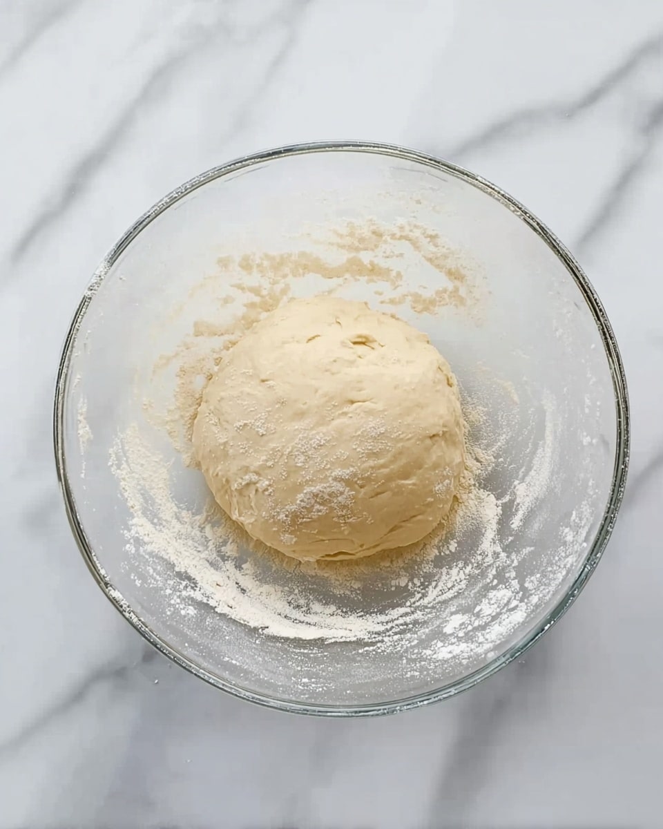 A clear glass bowl with a round ball of light beige dough inside, sitting on a white marbled surface. The dough has a smooth texture with some slight flour dusting on it and some flour remnants visible around the inner sides of the bowl. The scene is bright and clean, focusing on the dough as the main subject. Photo taken with an iphone --ar 4:5 --v 7
