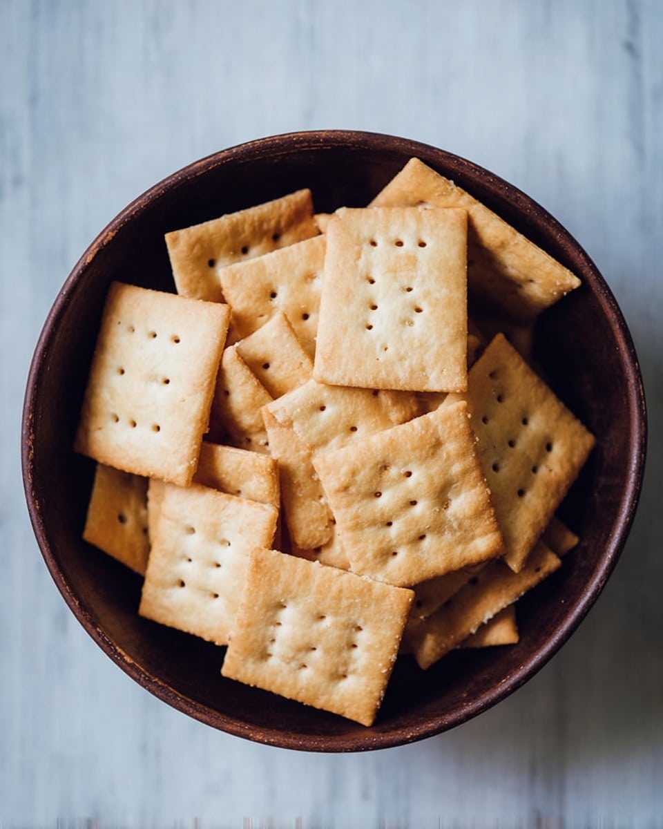 A dark brown round bowl filled with square, light golden crackers that have small holes in a grid pattern on each one. The crackers are stacked unevenly inside the bowl, showing some subtle browning on the edges and a slightly rough texture. The bowl sits on a white marbled surface with soft natural light highlighting the warm tones of the crackers. photo taken with an iphone --ar 4:5 --v 7