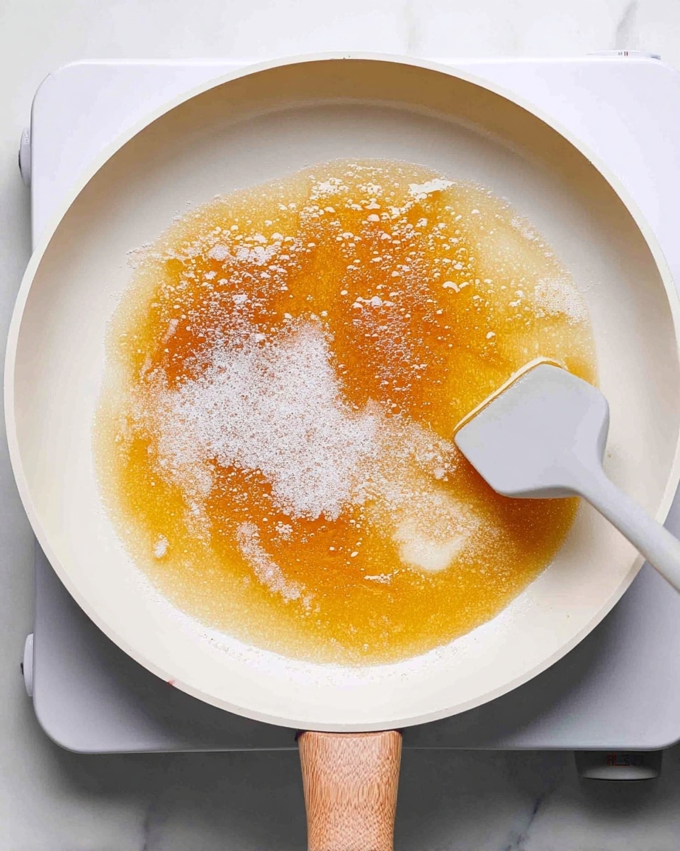 A white frying pan with a wooden handle sits on a stove with a white marbled surface. Inside the pan, there is a single large layer of amber-colored melted butter mixed with white granulated sugar scattered unevenly across the surface. A light gray spatula is gently stirring the mixture from the right side, revealing a slightly shiny and bubbling texture where the butter and sugar blend. The scene is bright and clean, emphasizing the contrast between the golden liquid and the white sugar on the smooth surface. Photo taken with an iphone --ar 4:5 --v 7