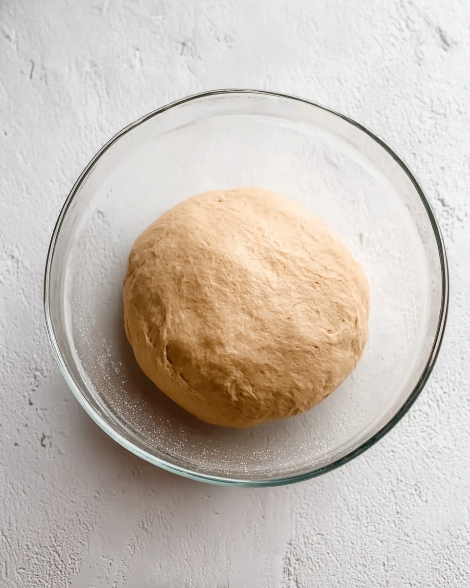 A clear glass bowl sits on a white marbled surface, holding a smooth, round ball of dough with a pale light brown color. The dough has a slightly uneven texture and rests in the center of the bowl, showing soft but firm edges and a gentle sheen on its surface. The bowl's edges curve gently upward, and there is a subtle shadow inside the bowl below the dough. Photo taken with an iphone --ar 4:5 --v 7