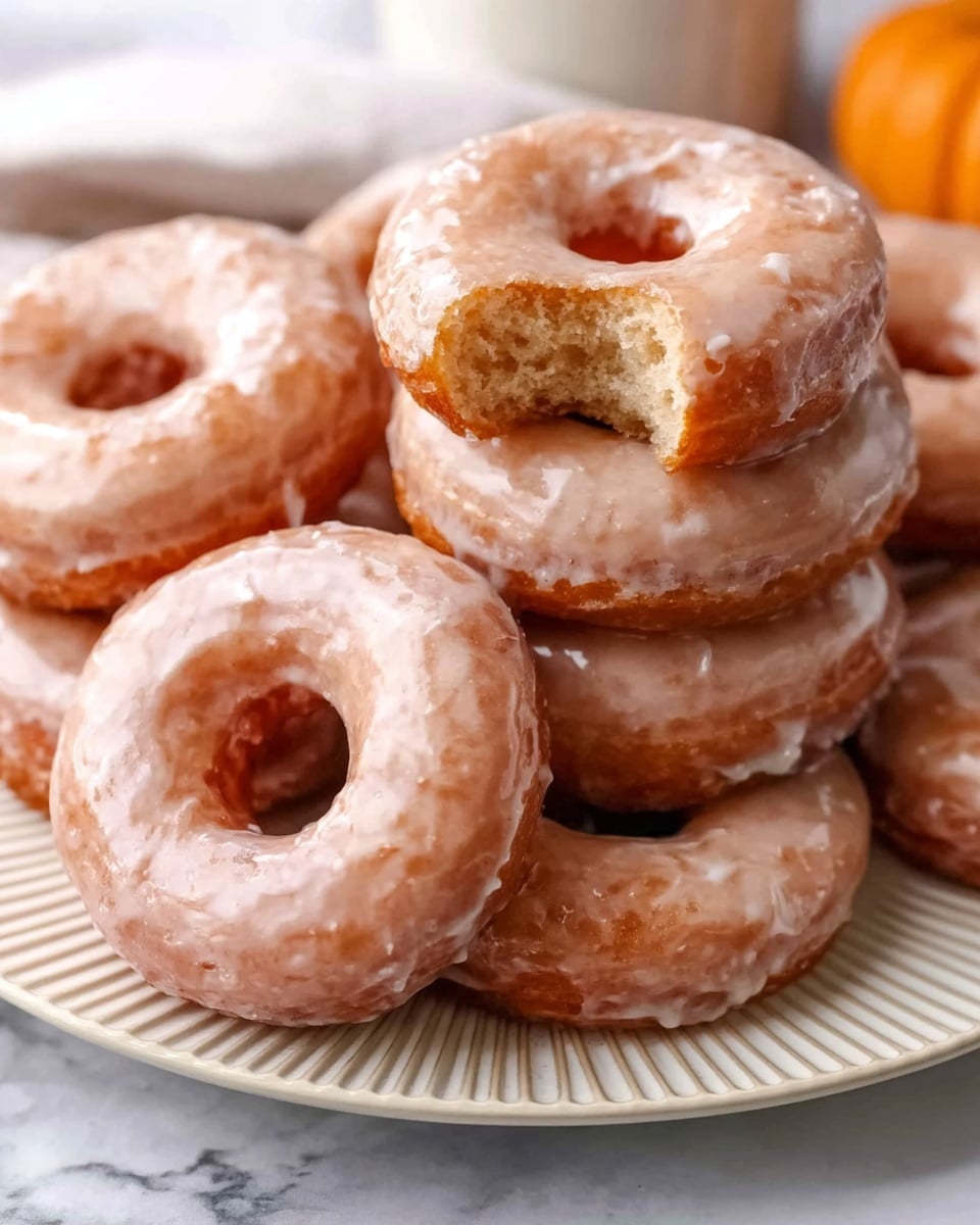 A plate filled with seven shiny glazed donuts stacked on top of each other, showing a smooth, light brown surface with a sweet white glaze coating that gives a shiny, slightly wet look; the top donut has a bite taken out of it, revealing a soft, fluffy, light beige interior with a crumbly texture, each donut has a round hole in the middle, and the plate is white with ridged edges placed on a white marbled surface with a small part of a pumpkin blurred in the background; photo taken with an iphone --ar 4:5 --v 7