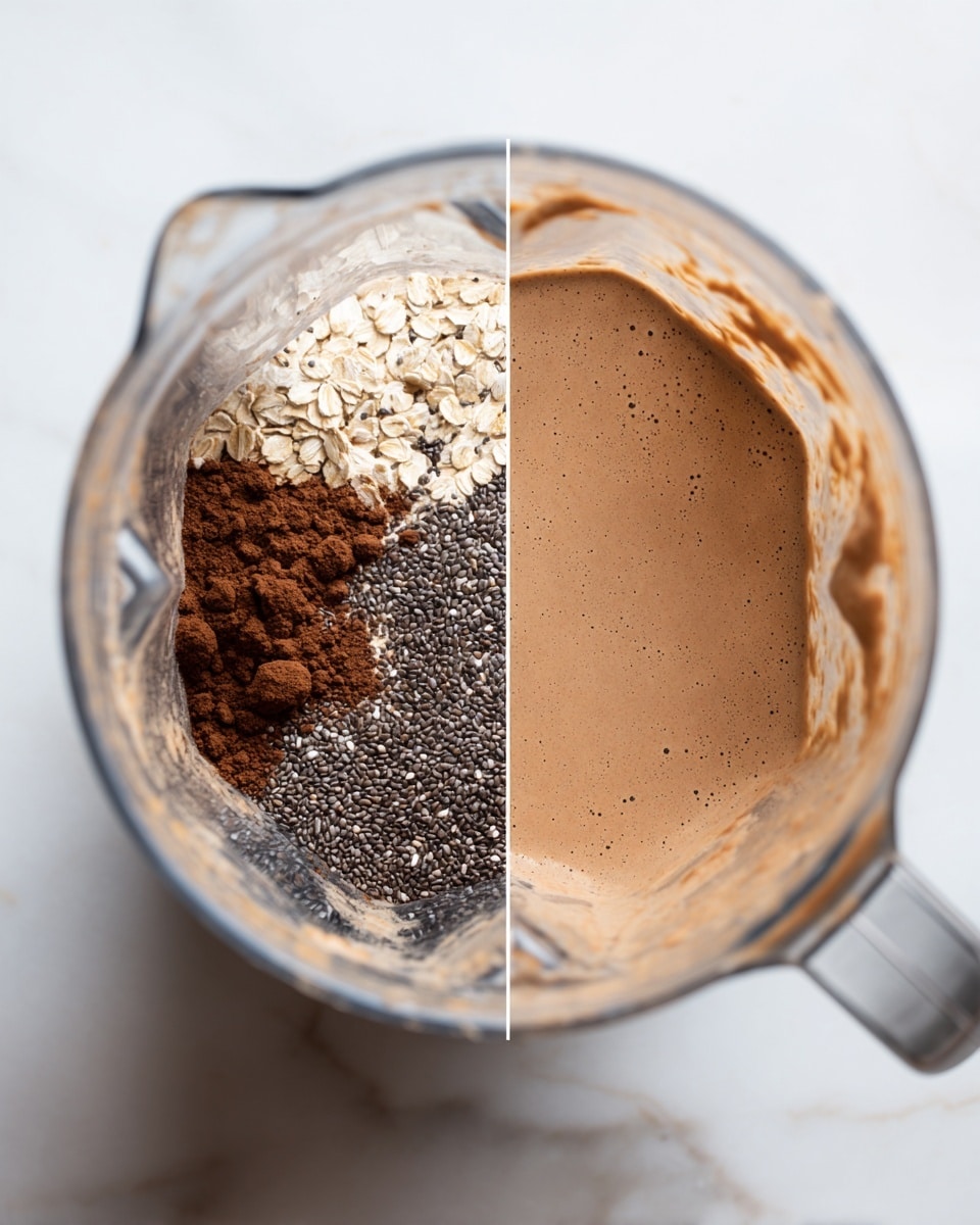 A clear blender jar sits on a white marbled surface, showing two stages of making a smoothie. The first image inside the jar shows four layers: at the bottom is a pile of dark brown cocoa powder, above it a heap of black chia seeds, then scattered light oats, and finally a layer of white liquid that looks like milk. In the second image, the blender jar contains a smooth, light brown mixture with a creamy texture, filling about half the jar, with some blending marks on the sides. photo taken with an iphone --ar 4:5 --v 7