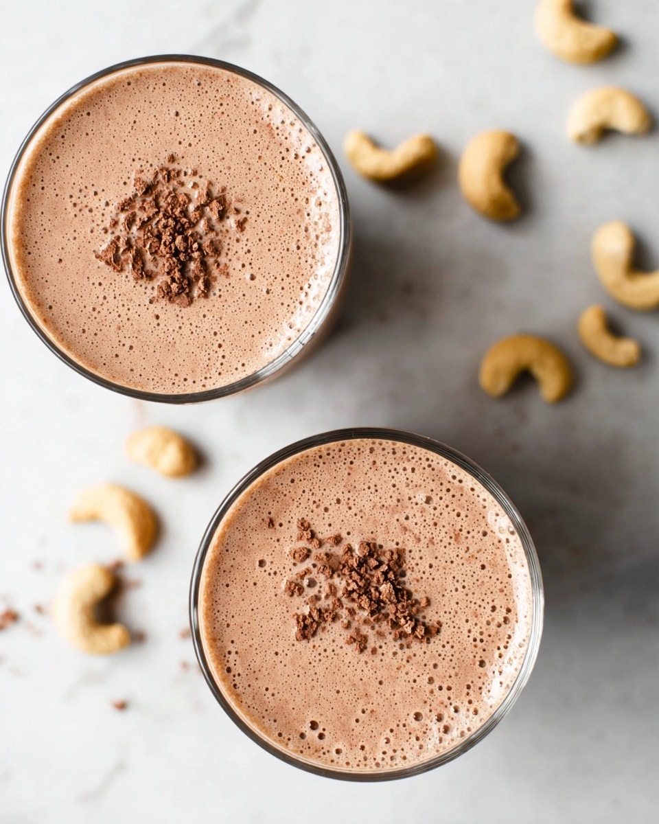 Two clear round glasses filled with light brown chocolate smoothie topped with small crumbled cocoa powder pieces on top, sitting on a white marbled surface. Around the glasses, scattered light beige cashew nuts add texture to the scene. The smoothie is smooth with tiny bubbles, filling each glass almost to the rim. Photo taken with an iphone --ar 4:5 --v 7