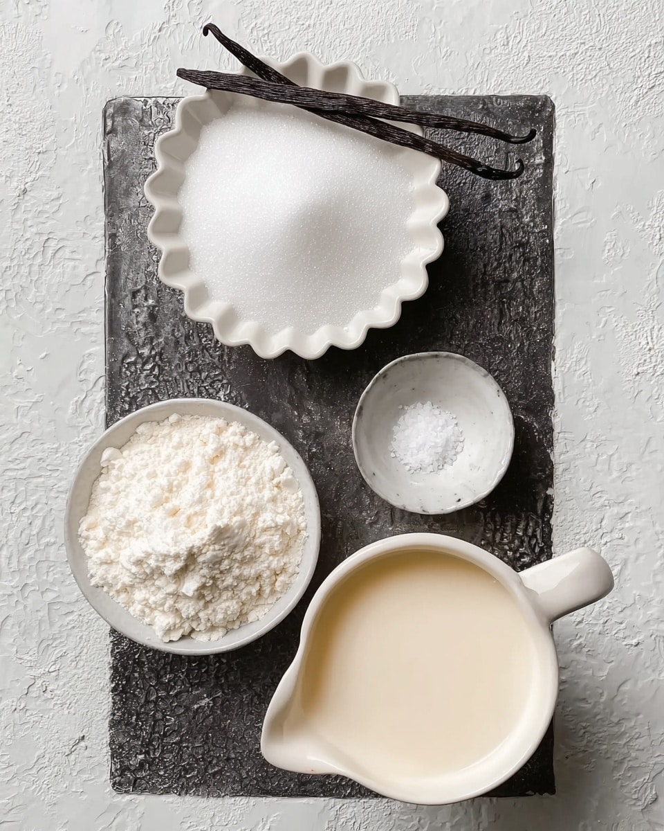 The image shows four small white bowls and a white pitcher arranged on a white marbled textured surface. In the top left, a white round bowl with scalloped edges is filled with white granulated sugar and has two whole vanilla beans resting on top. Next to it, on the right, there is a small white bowl containing a little bit of white powder, likely salt. Below, on the left side, another white bowl holds a heap of white flour with a soft, powdery texture. In the bottom right corner, a white pitcher is filled with a smooth, pale cream liquid, possibly milk or cream. The arrangement is neat, with a simple and clean look. Photo taken with an iphone --ar 4:5 --v 7