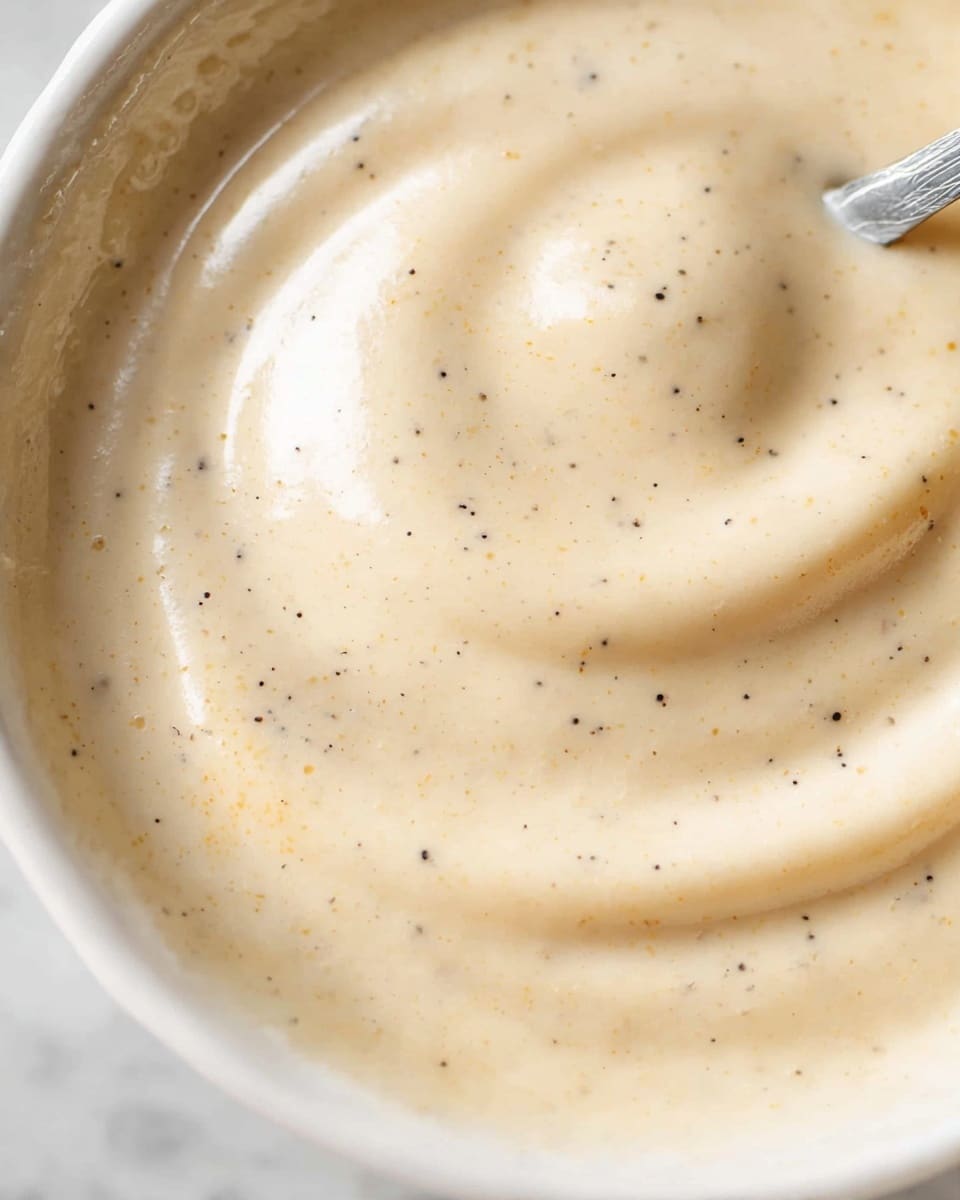 A close-up image of a creamy, light beige sauce with tiny black specks evenly spread throughout, shown swirling smoothly in a white bowl with a silver spoon partially visible as it stirs the sauce, the texture looks thick and rich on a white marbled surface photo taken with an iphone --ar 4:5 --v 7