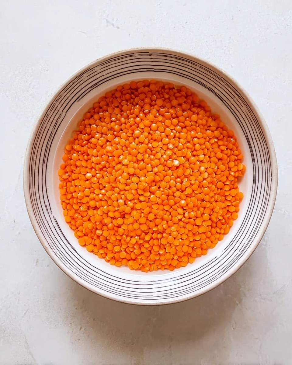 A white bowl filled with small, round, bright orange lentils soaking in clear water, filling the bowl almost to the top. The bowl has thin, dark horizontal stripes around its edge and inner side. It sits on a white marbled surface. photo taken with an iphone --ar 4:5 --v 7