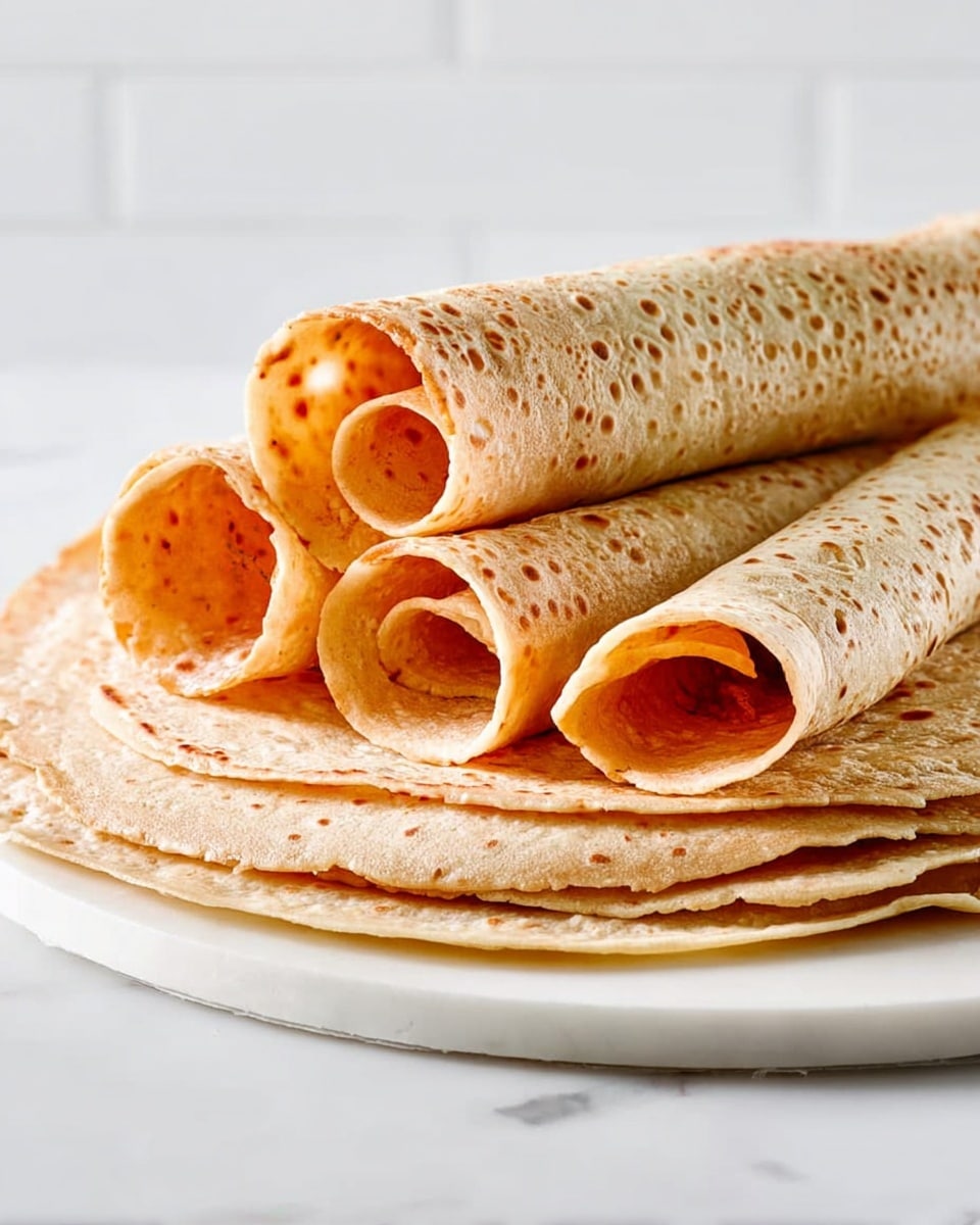 There is a stack of six thin, light brown flatbreads placed on a white marbled surface. The bottom three flatbreads are laid flat, showing smooth, slightly porous textures with some golden-brown heat marks. On top, three more flatbreads are tightly rolled into cylinders, showing the same light brown color and round holes scattered across the surface. The lighting brings out the soft, warm tone and the delicate texture of the flatbreads, with a plain, bright white tile background behind. Photo taken with an iphone --ar 4:5 --v 7