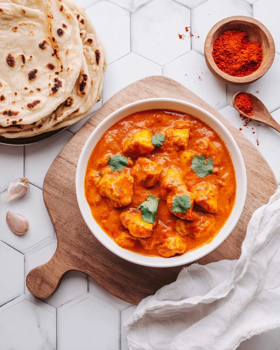 A white bowl filled with chunky orange curry with pieces of food coated in thick smooth sauce, garnished with small green cilantro leaves scattered on top. The bowl sits on a round wooden board with a handle cutout, placed on a white marbled surface showing a hexagon tile pattern. To the left, there is a stack of folded light brown flatbreads with darker roasted spots. At the top right, a small wooden bowl filled with red powder and a small wooden spoon with some powder spilled nearby. A few garlic cloves and a crumpled white cloth napkin complete the scene. Photo taken with an iphone --ar 4:5 --v 7
