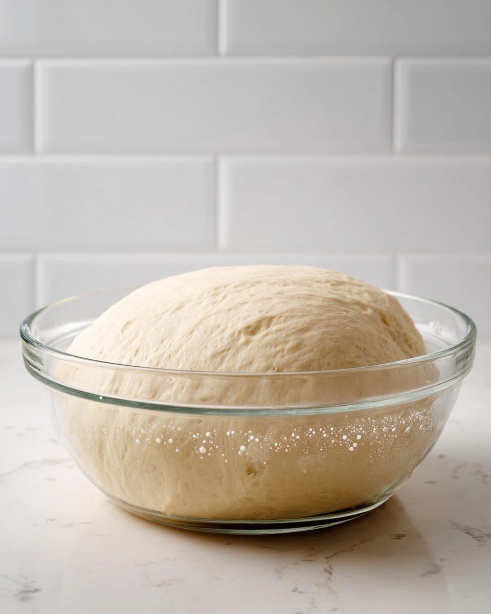 A large, smooth, and light beige dough ball sits in a clear glass bowl that is placed on a white marbled surface. The dough has risen well, showing a soft, slightly domed texture with small air bubbles visible inside and around the edges through the transparent bowl. The background features a white tiled wall, which contrasts softly with the dough’s pale color. The scene is well-lit with natural light, giving the dough a fresh and airy appearance. photo taken with an iphone --ar 4:5 --v 7