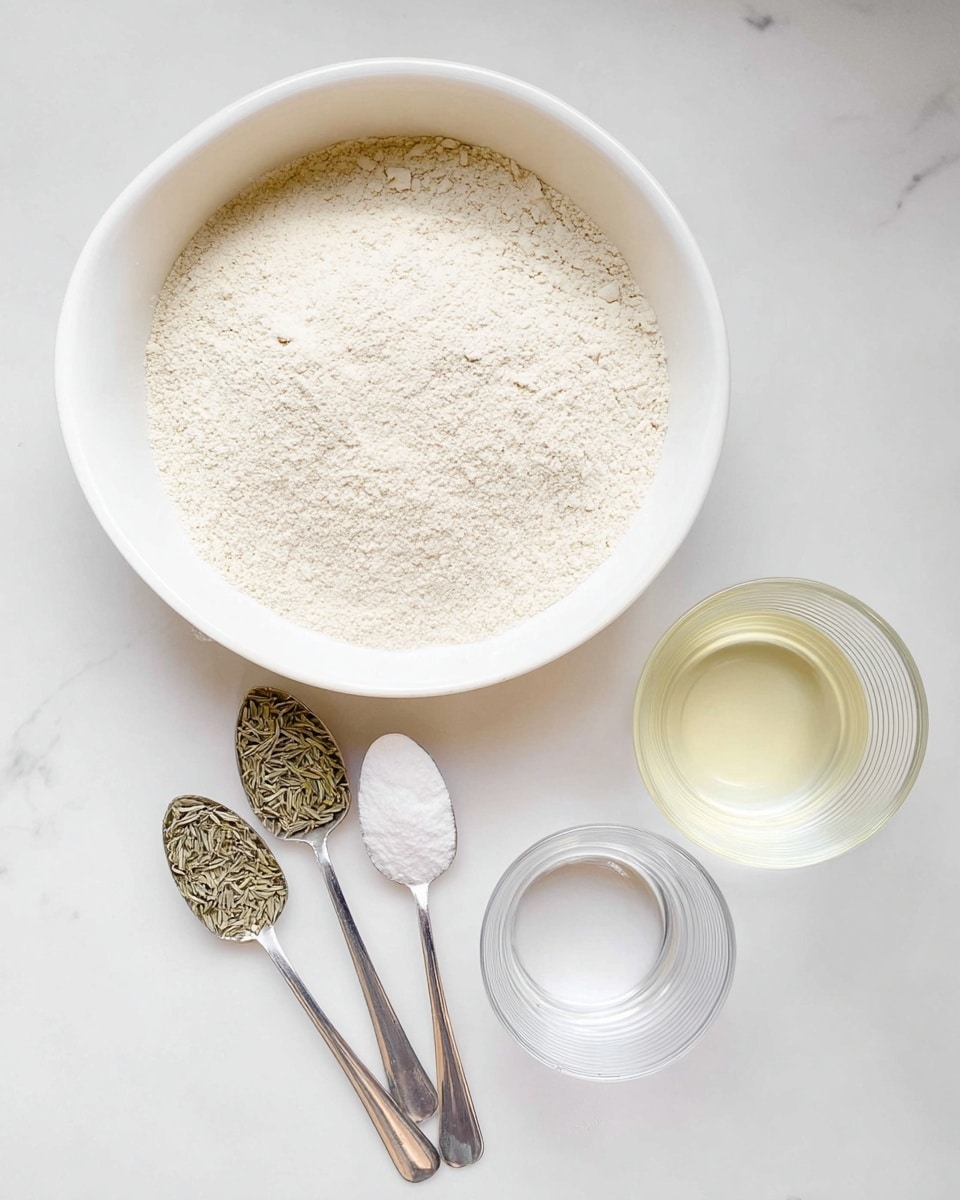 A white mixing bowl sits in the center on a white marbled surface, filled with a layer of light beige flour with a slightly rough texture. Below the bowl, three metal spoons lay side by side, each holding different powders: the left spoon has a white granular powder, the middle spoon contains a fine white powder, and the right spoon carries dried green herbs. To the right of the spoons, there are two clear glass cups; the upper one holds water, showing a smooth reflective surface, while the lower one contains a light yellow liquid. The scene is bright and simple, with clean colors and soft natural light. photo taken with an iphone --ar 4:5 --v 7