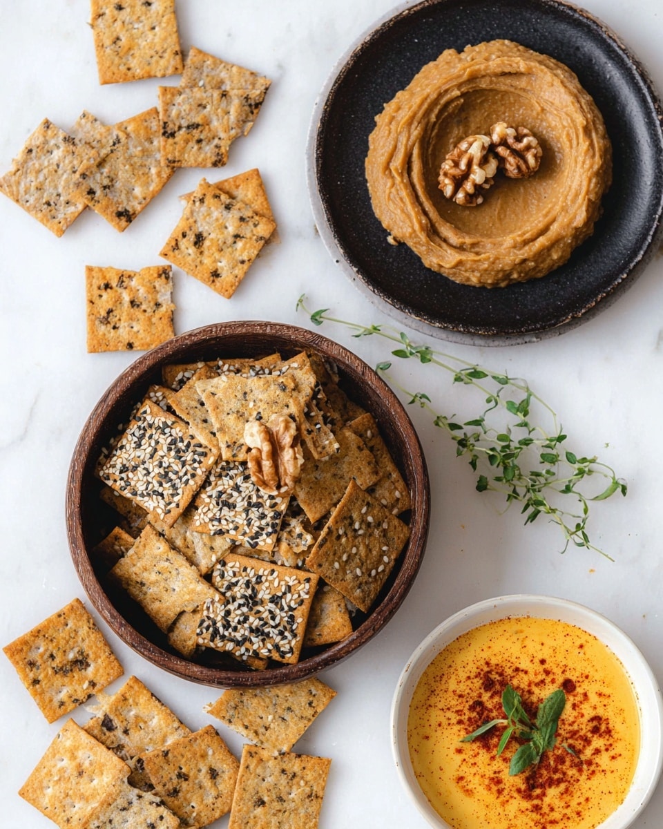 The image shows a dark brown bowl filled with square crackers, some with sesame seeds and some with black seeds, arranged in layers inside the bowl. Above the bowl, a round black dish contains a smooth brown spread topped with three walnut halves and a small green herb sprig. Around the bowl and dish, several crackers are spread out on a white marbled surface, some topped with the brown spread and a walnut piece, others plain. At the bottom right, a white bowl holds a creamy orange-yellow dip sprinkled with red spice powder. Near the crackers are a few green herb sprigs. Photo taken with an iphone --ar 4:5 --v 7