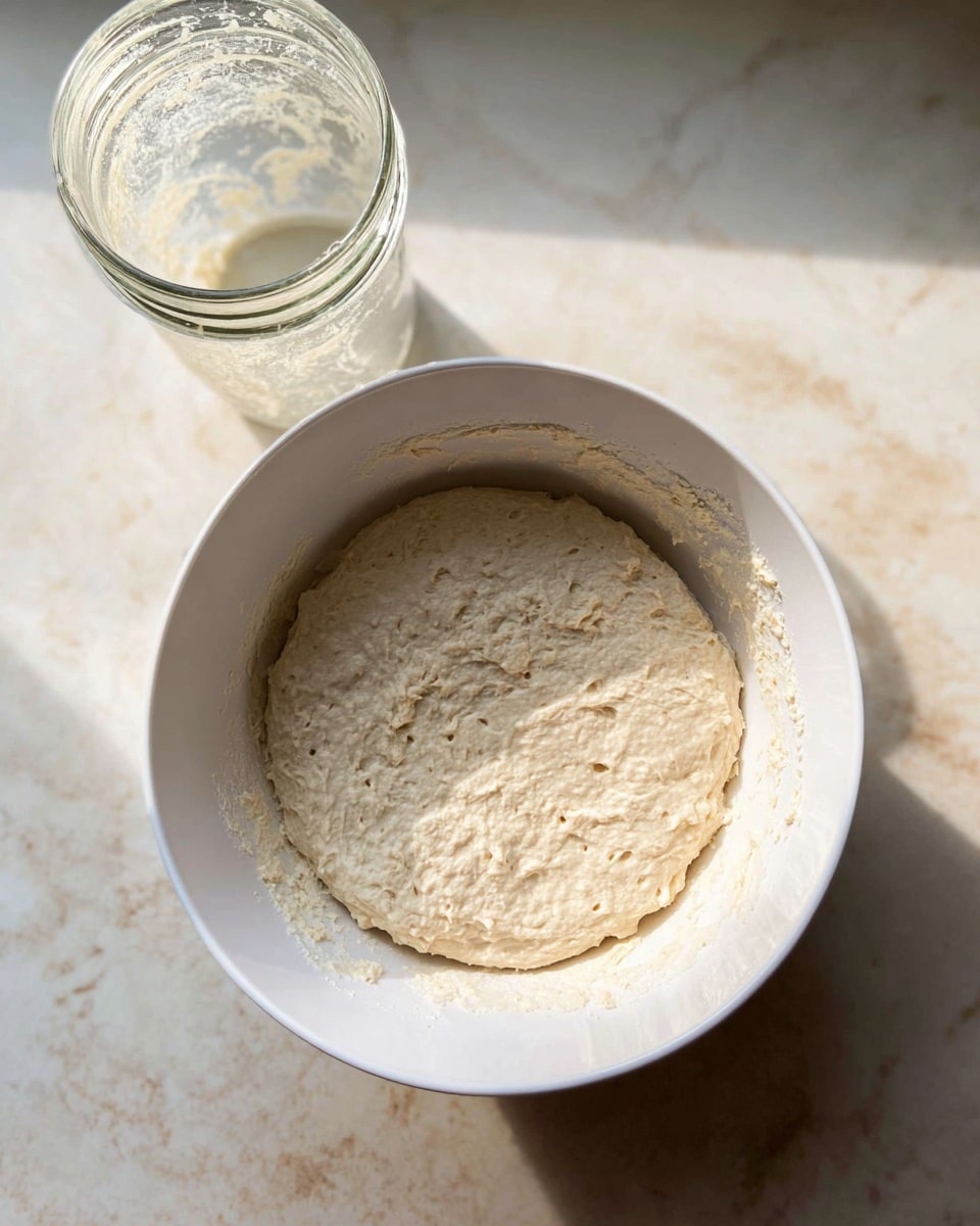 A white bowl sits on a white marbled surface, filled with a light beige dough that looks soft and slightly sticky, with small air bubbles on its uneven surface. The dough covers the bottom and spreads out a bit, with some dough residue clinging to the sides of the bowl. Next to the bowl is a transparent jar with some white residue inside and around the rim. Warm sunlight highlights the texture of the dough, making it look fresh and ready to rise photo taken with an iphone --ar 4:5 --v 7