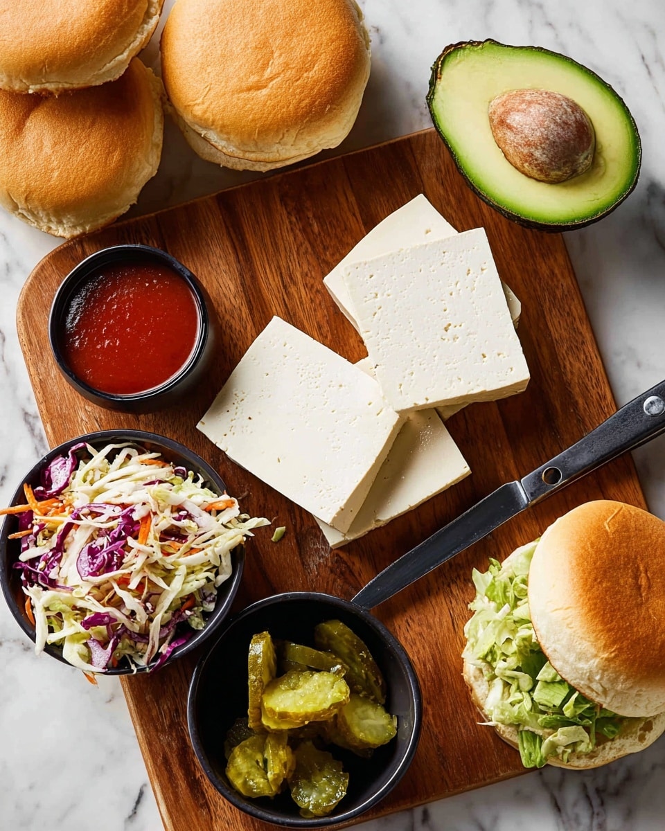 The image shows a wooden cutting board on a white marbled surface, with two halves of a fresh green avocado placed at the top right corner, one with the large seed still inside. Next to the avocado are three thick slices of white tofu stacked slightly on each other, alongside a black-handled knife. Above the tofu is a small black bowl filled with smooth red sauce. Below the tofu, a small black bowl holds several green pickles with crinkled edges, some spilling out. Around the board, there are several soft, round, golden brown burger buns, and to the left, a bowl with colorful shredded cabbage slaw, featuring purple, white, and orange strands mixed with bits of herbs. Photo taken with an iphone --ar 4:5 --v 7