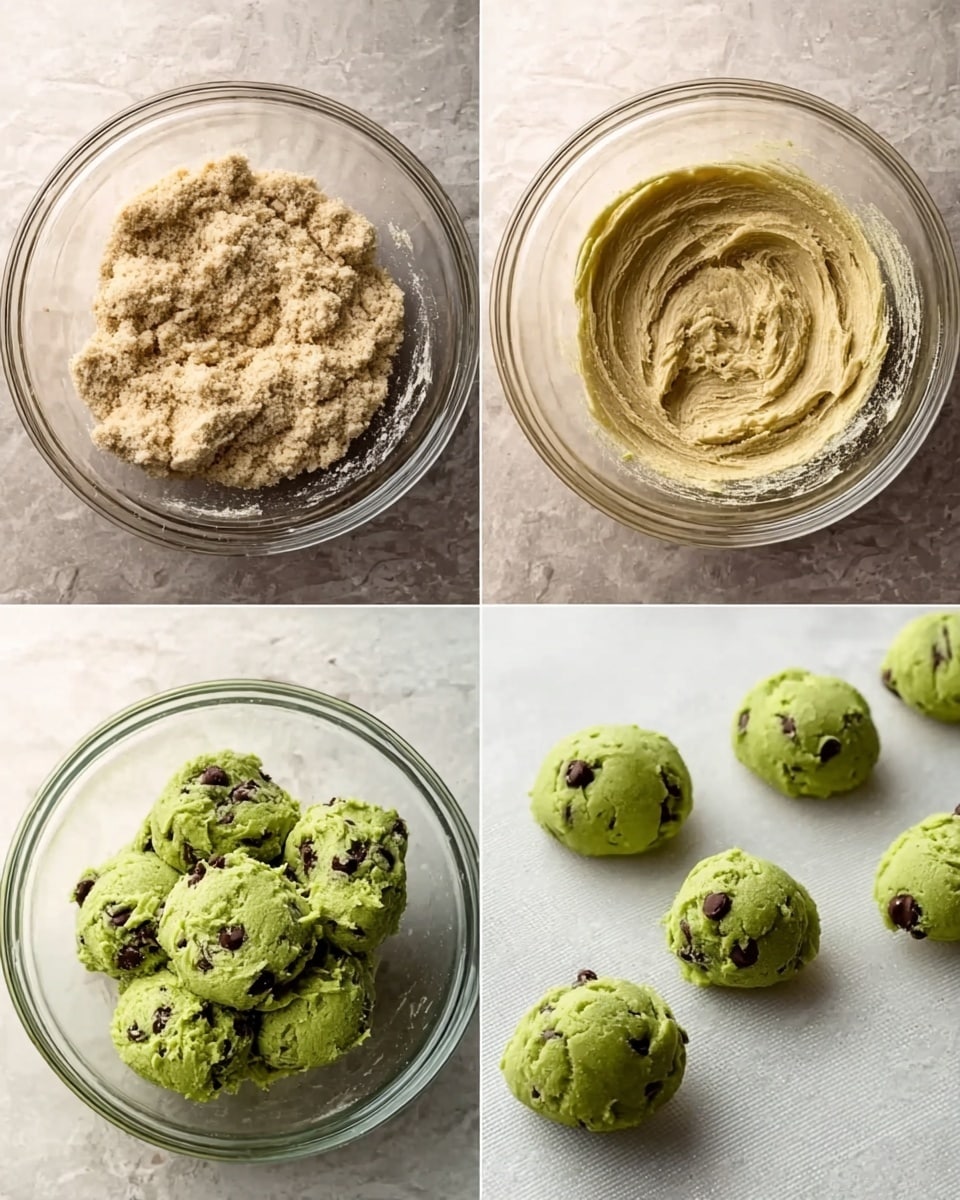 The image shows four panels depicting the making of cookie dough. The top left panel features a clear glass bowl filled with a light beige mixture that has a crumbly, floury texture. The top right panel reveals the same mixture, now smoother and creamier, with swirls created from stirring. The bottom left panel displays a similar glass bowl containing green dough mixed with several chocolate chips scattered throughout. The bottom right panel shows scoops of this green dough, rounded and arranged on a white marbled textured surface, ready for baking. Photo taken with an iphone --ar 4:5 --v 7