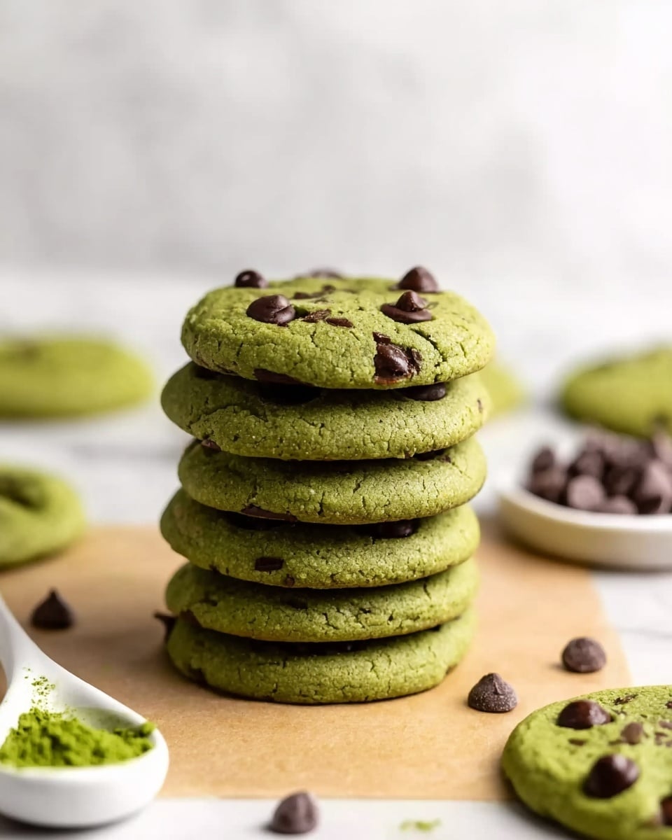 A stack of seven green cookies with visible dark chocolate chips scattered throughout each layer sits in the center of the image on a light brown paper. The top cookie shows three chocolate chips on the surface, adding texture. Around the stack, there are a few more green cookies and loose chocolate chips on a white marbled surface. A white spoon with green powder and a small white bowl filled with chocolate chips are partially visible in the background. The overall colors are green and dark brown with a soft focus on the background, giving a fresh and homemade feel. Photo taken with an iphone --ar 4:5 --v 7