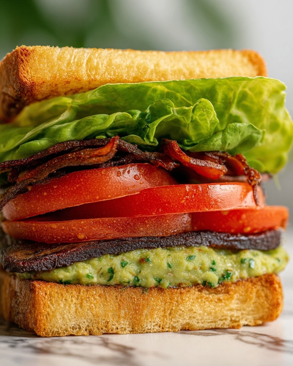 The image shows a close-up of a sandwich with five visible layers. The bottom layer is a toasted sandwich bun piece with light golden brown color and a slightly crispy texture. Above it is a layer of chunky green spread, likely avocado or guacamole, with small herb flecks mixed in. Next, there are two thick, vibrant red slices of tomato with a smooth, juicy surface. Above the tomato is a layer of dark brown crispy strips, possibly grilled mushrooms or a plant-based meat substitute. On top of these strips lies a fresh bright green lettuce leaf with visible veins and a slightly crinkled texture. The sandwich is finished with a golden brown toasted bun piece on the top, showing a soft yet firm texture with a light crust. The background has a white marbled texture. photo taken with an iphone --ar 4:5 --v 7
