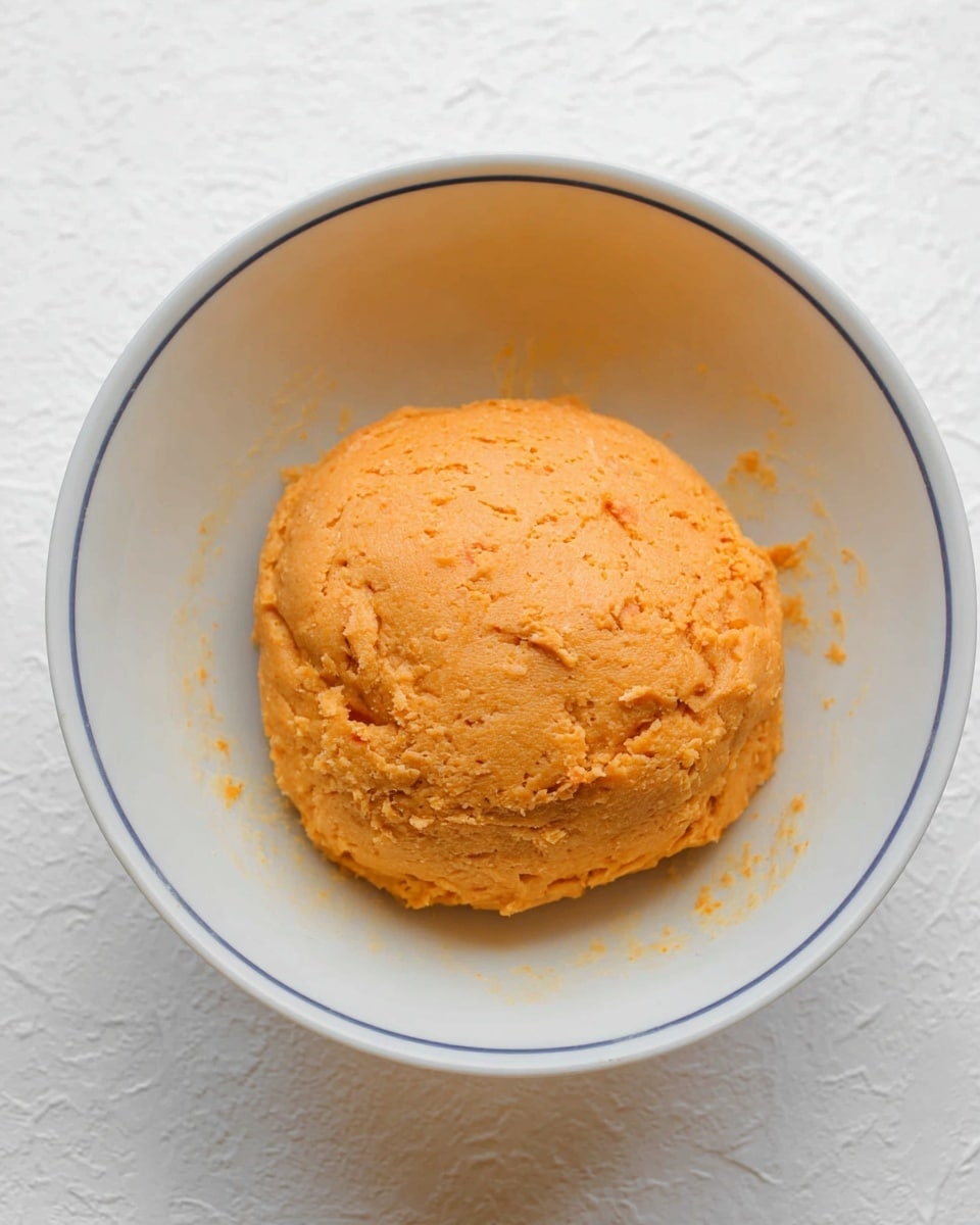 A single round ball of light orange dough with a slightly rough and uneven texture sits in the center of a white bowl with a thin blue rim. The dough shows small cracks and tiny flecks of a darker orange throughout its surface, giving it a homemade look. The bowl is clean except for faint smudges of dough around the edges, all placed on a white marbled textured surface. Photo taken with an iphone --ar 4:5 --v 7