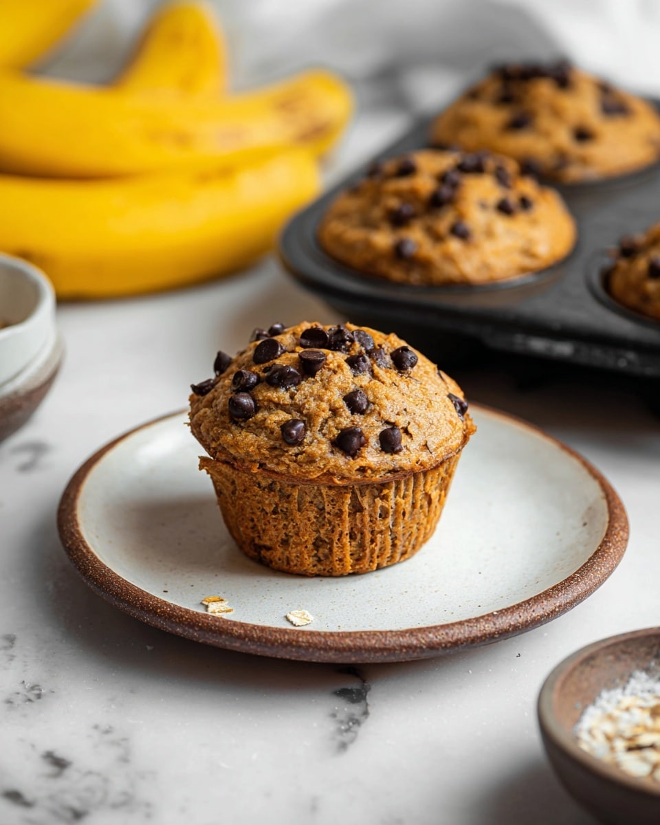 A single chocolate chip muffin with a golden brown, slightly rough textured top is centered on a round white plate with a rustic brown edge, the muffin studded generously with dark chocolate chips. Behind the plate, there is a black metal muffin tray holding three more muffins, slightly out of focus. On the left side of the image, a bunch of ripe yellow bananas with brown spots is partly visible against a white marbled background. The scene also includes a blurry bowl with oats on the right side and a small bowl with coarse white salt in the lower left corner. Photo taken with an iphone --ar 4:5 --v 7