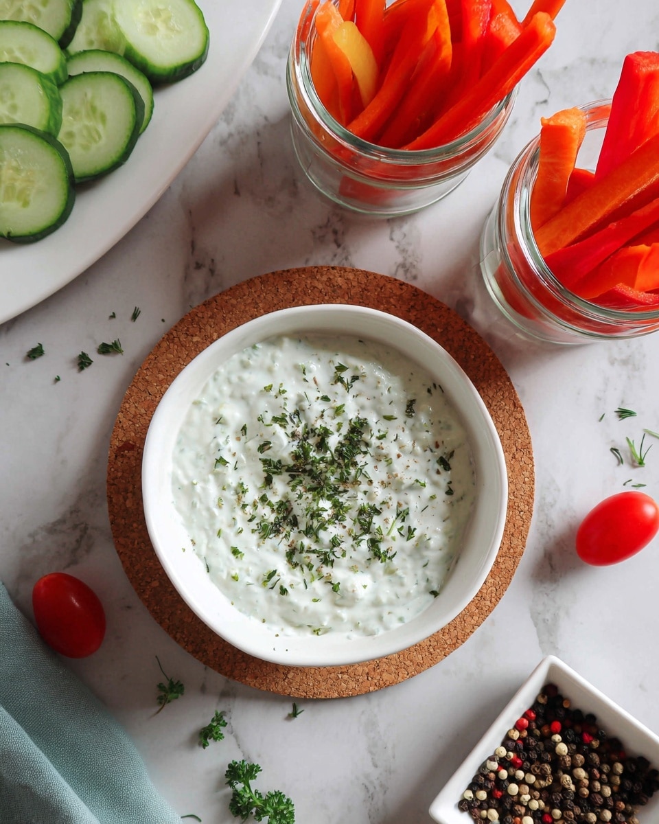 A white bowl filled with a creamy white dip sprinkled with green herbs on top is placed on a round cork mat. Above the bowl, two glass jars hold carrot sticks and red bell pepper pieces, showing bright orange and red colors with a fresh texture. To the left of the bowl, cucumber slices and green cucumber sticks are arranged on the white marbled surface. Nearby, two small red cherry tomatoes and green herb leaves are scattered around. A small white square dish filled with mixed whole peppercorns sits at the bottom right corner. The whole scene is set on a white marbled surface. photo taken with an iphone --ar 4:5 --v 7