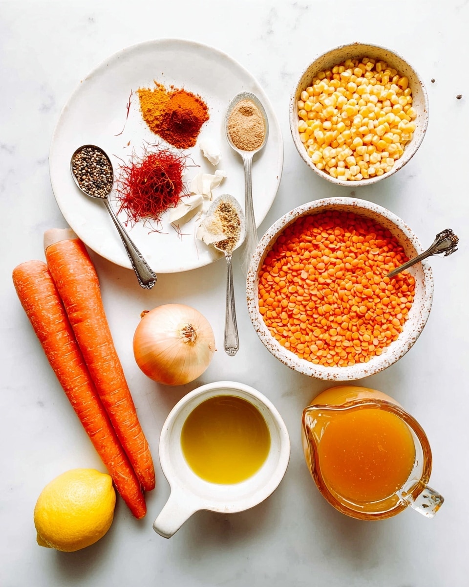 This image shows an overhead view of cooking ingredients placed on a white marbled surface. On the left, there is a white plate with two whole orange carrots and one onion sliced in half, along with six cloves of garlic. Three white ceramic spoons sit on the plate, holding bright red saffron strands, light brown ground spice, and reddish-orange paprika powder. Above the plate are two small metal spoons, one filled with mixed pepper spices and the other with white salt. To the right are two rustic white bowls, one filled with yellow corn kernels and the other with vibrant orange lentils, with a metal spoon resting inside the lentil bowl. Below, there is a small white bowl containing yellow olive oil speckled with black pepper. Next to it is a glass jug filled with orange broth and a whole yellow lemon resting in a small white bowl. The photo taken with an iphone --ar 4:5 --v 7