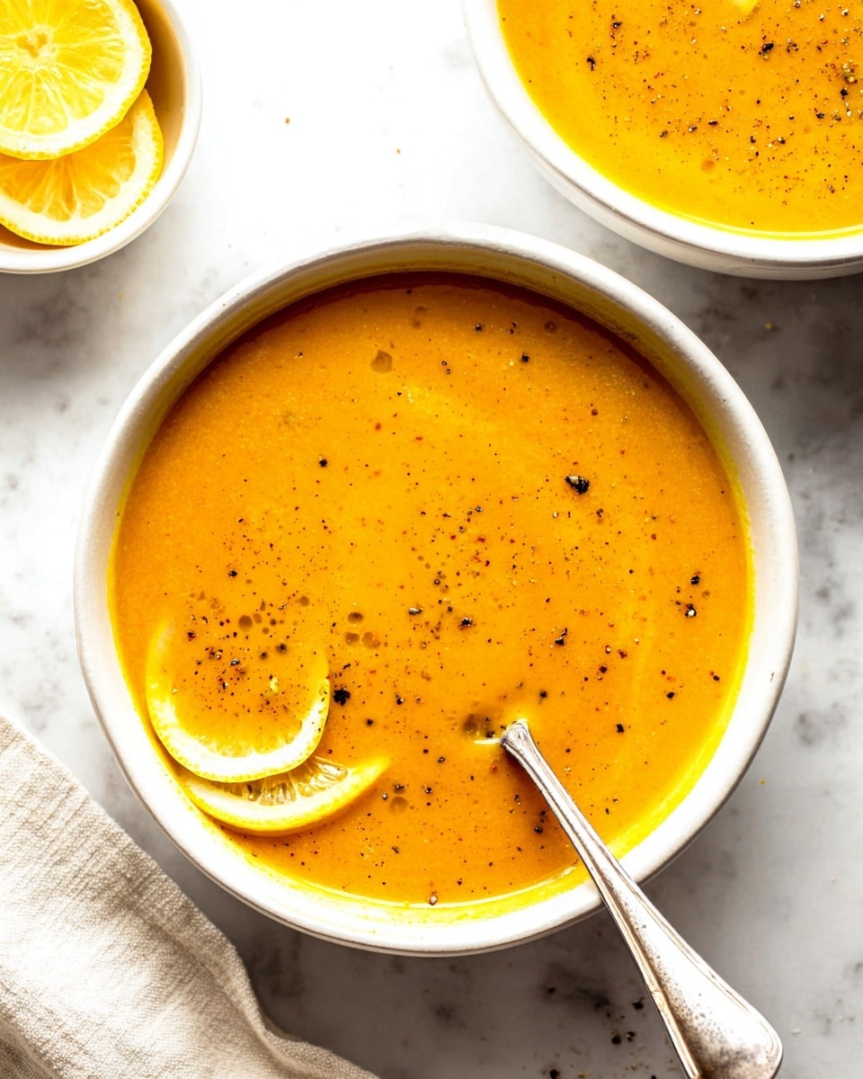 A white bowl filled with thick orange-yellow soup, smooth in texture with small specks of black pepper scattered on top; two thin lemon slices rest partially submerged near the edge of the soup on the left side; a silver spoon dips into the soup from the right side, reflecting some light; in the background, part of another similar white bowl filled with the same soup is visible on the upper right side; a small white bowl with lemon slices sits on the upper left corner, all placed on a white marbled surface with a white cloth near the lower left corner. photo taken with an iphone --ar 4:5 --v 7
