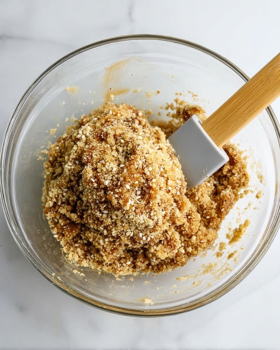 A clear glass bowl on a white marbled surface holds a large mound of granular, sticky mixture with visible chunks of nuts and sesame seeds, giving the mixture a textured appearance with brown and cream colors. A spatula with a light wooden handle and a gray silicone head rests inside the bowl, partially submerged in the mixture. Photo taken with an iphone --ar 4:5 --v 7
