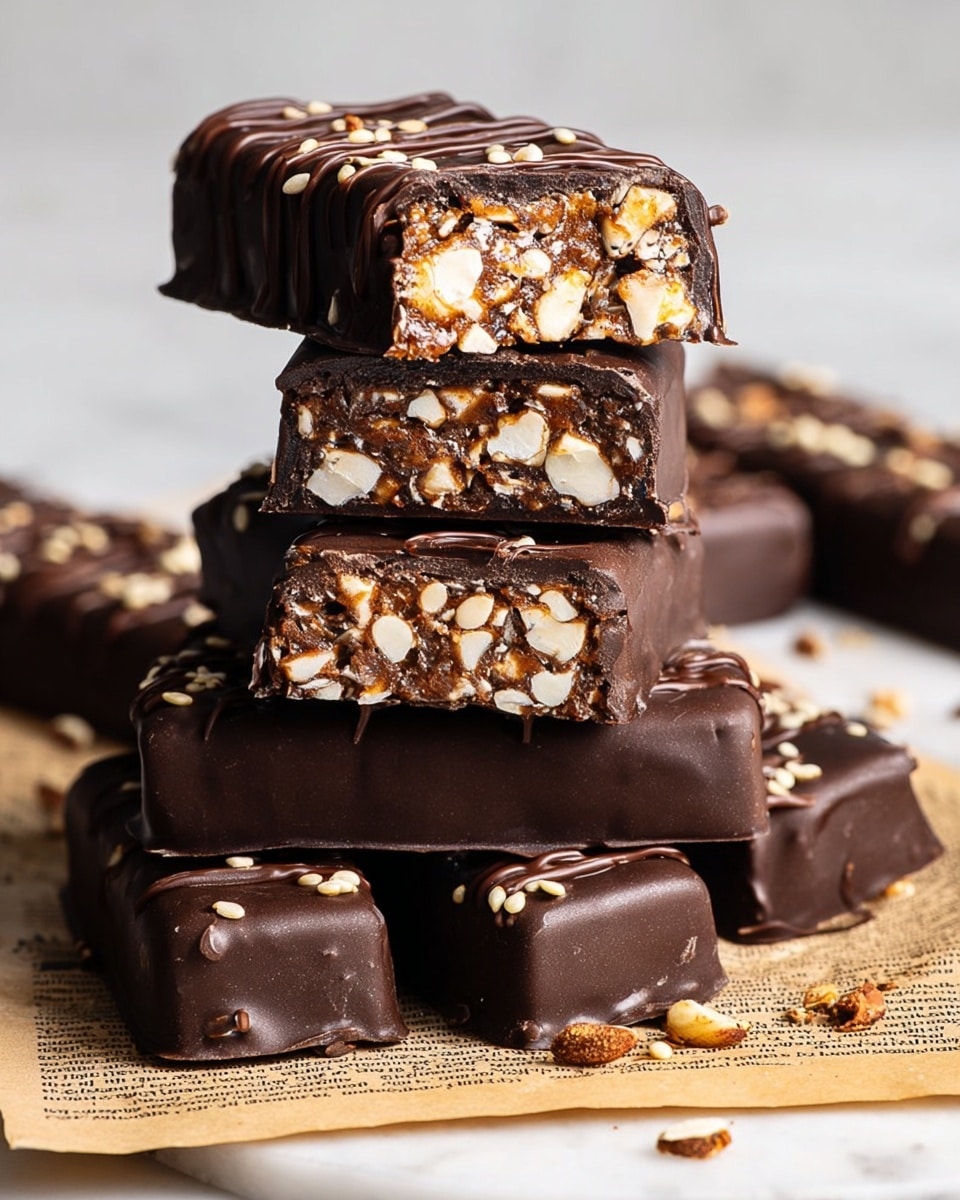 A stack of six dark chocolate bars is shown on a piece of old newspaper, placed on a white marbled surface. The bars have a smooth, shiny chocolate exterior with light sesame seeds sprinkled on top, adding texture and contrast. Three bars at the bottom form the base, each with a thick chocolate coating. On top two bars are placed horizontally, one with a bite revealing a dense, nutty inner layer filled with white nuts and sesame seeds held in a brown, sticky mix. The top bar is drizzled with thin lines of chocolate and also sprinkled with sesame seeds, creating a layered look with a mix of smooth, crunchy, and chewy textures. Photo taken with an iphone --ar 4:5 --v 7