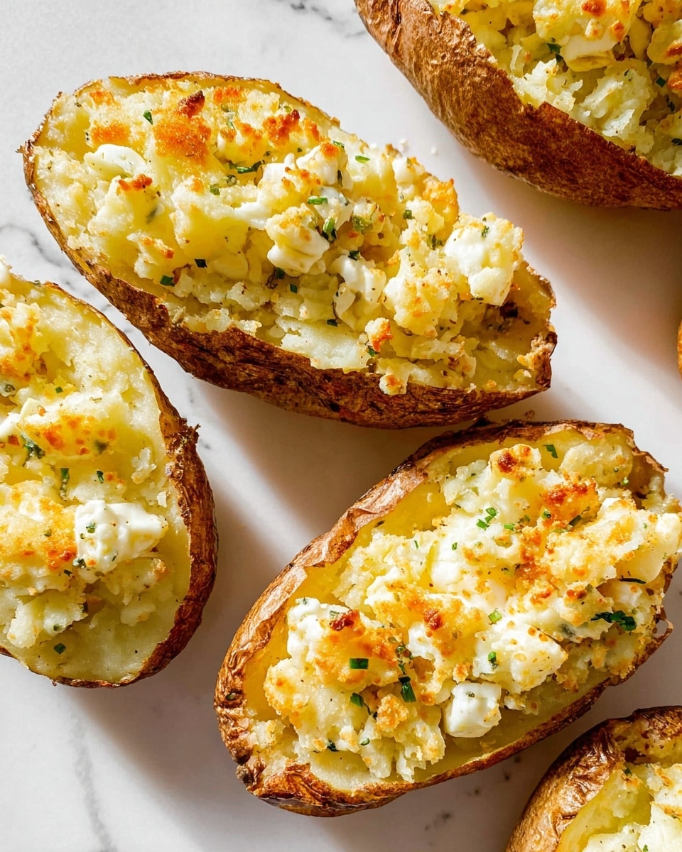 The image shows four potato skins on a white marbled surface. Each potato skin has three layers: the bottom layer is the brown potato skin shell, the middle layer is a fluffy, mashed potato mix with a pale yellow color, and the top layer consists of small white cheese pieces that are slightly browned and melted, giving a crispy texture. There are small green herb pieces sprinkled on top, adding a fresh touch. The lighting highlights the textures and colors clearly, making the dish look warm and tasty. photo taken with an iphone --ar 4:5 --v 7