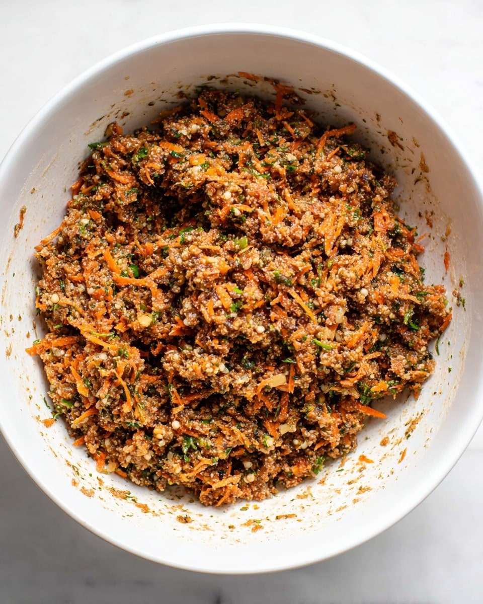 A white bowl filled with a mix of finely chopped ingredients forming a rough textured layer of orange, green, and brown specks. The mixture looks thick and moist, with visible small pieces of shredded carrots, green herbs, and grains, all combined tightly. The bowl sits on a white marbled surface, with some bits stuck to the sides inside the bowl. photo taken with an iphone --ar 4:5 --v 7