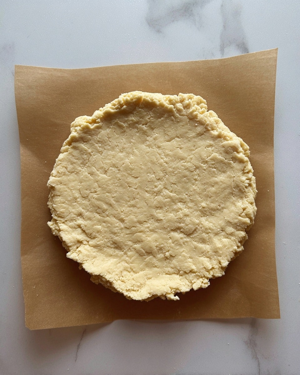 A single round layer of dough with a rough, uneven edge rests on brown parchment paper placed on a white marbled surface. The dough has a pale yellow color and a slightly cracked, crumbly texture, showing a homemade and rustic look. Photo taken with an iphone --ar 4:5 --v 7