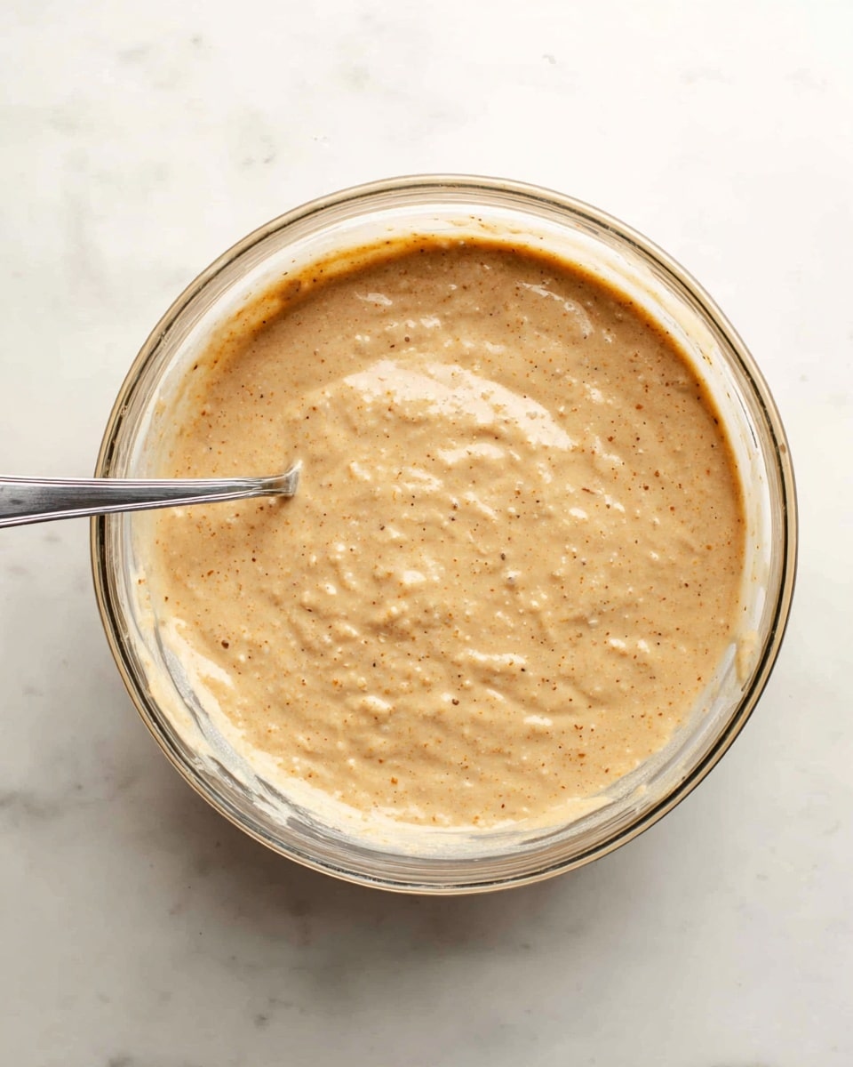 A clear glass bowl filled with a light brown batter that has a slightly lumpy and thick texture. The batter has small darker specks mixed throughout, giving it a grainy look. A silver spoon is partially dipped into the batter, leaning towards the left side of the bowl. The bowl sits on a white marbled surface, with soft natural lighting highlighting the smooth and creamy consistency of the mixture. photo taken with an iphone --ar 4:5 --v 7