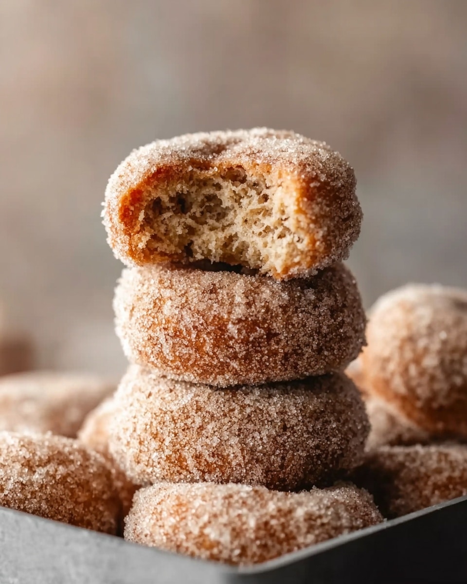 The image shows a stack of four round doughnuts covered in a rough sugar coating. The top doughnut has a bite taken out of it, exposing a dense, soft inside with a slightly grainy texture. The doughnuts are a light brown color with a sugary crust that glistens. The stack is placed in a grey baking tray, partially filled with more doughnuts at the base, all coated with the same sugar layer. The background is softly blurred with a smooth, neutral tone. photo taken with an iphone --ar 4:5 --v 7