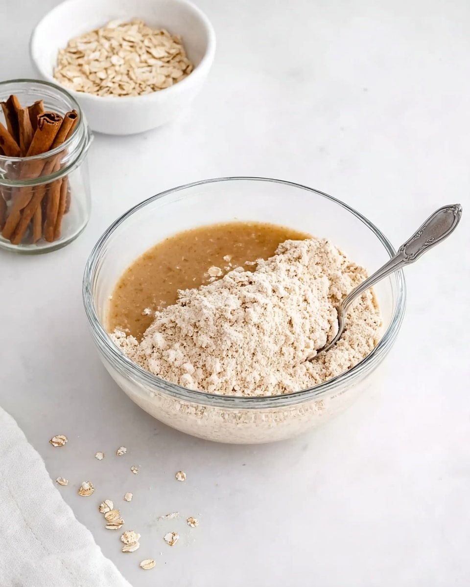 A clear glass bowl is filled with two main layers: the bottom layer is a smooth, light brown liquid, and on top of it is a thick, pale beige mixture of oats, giving a rough texture. A silver spoon rests inside the bowl, touching both layers. The bowl sits on a white marbled surface, with a small white bowl of oats and a clear glass jar holding cinnamon sticks placed nearby. The overall scene looks clean and bright. photo taken with an iphone --ar 4:5 --v 7