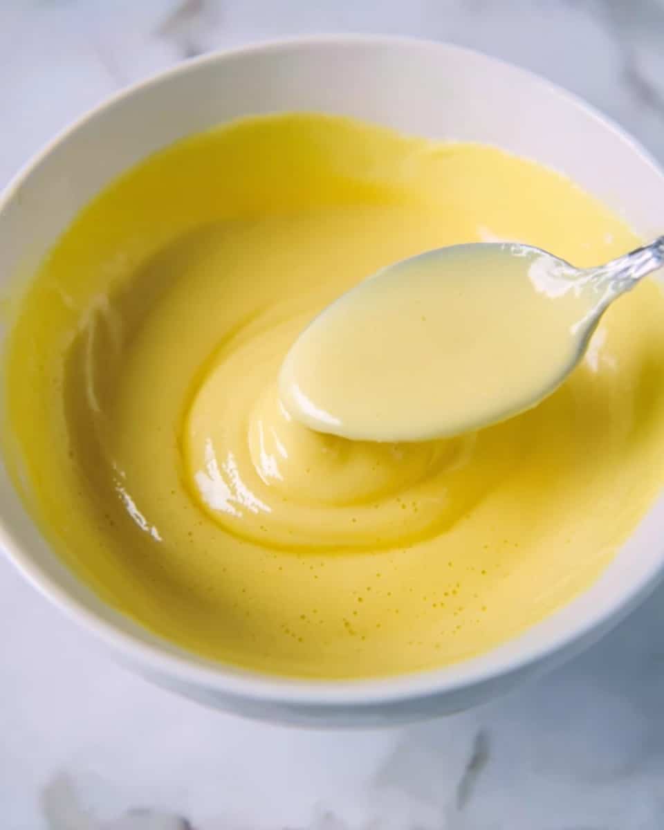 In the image, there is a close-up of a white bowl filled with a smooth, creamy yellow sauce. The sauce spreads evenly inside the bowl, with slight ripples and a glossy texture reflecting light. A spoon is dipped in the sauce on the right side, lifting a small portion, showing the sauce’s thick and silky consistency. The background is a white marbled surface that softly contrasts with the warm yellow color of the sauce. photo taken with an iphone --ar 4:5 --v 7