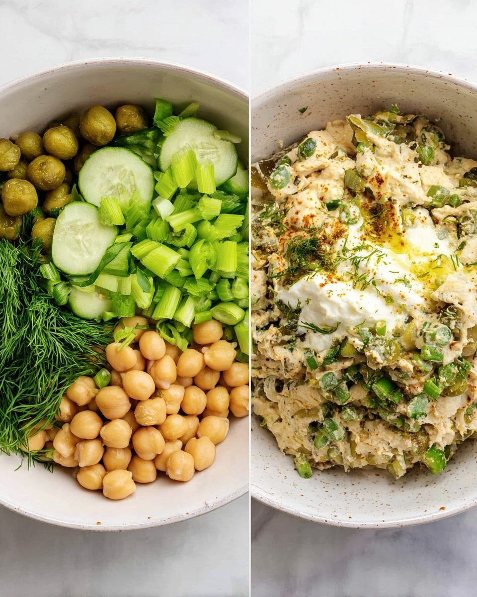 The image shows two white bowls side by side on a white marbled surface. The bowl on the left has six visible layers: at the bottom left there are green dill sprigs, above them are sliced green onions, next to the onions are round chickpeas in light beige color, to the upper left there are sliced green pickles, next to the pickles are chopped green celery, and on the right a dollop of white mayo with a bit of yellow mustard on top. The bowl on the right has a mixed textured dish with a creamy beige color base, showing bits of chickpeas, green chopped onions scattered on top, and small pieces of darker green pickles mixed into the mixture. Photo taken with an iphone --ar 4:5 --v 7