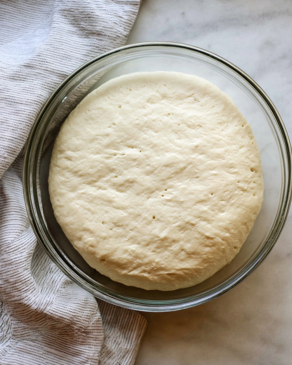 A round, clear glass bowl holds smooth, light beige dough that has risen evenly, filling most of the bowl with a slightly puffy texture and small air bubbles visible on the surface. The bowl is placed on a white marbled textured surface, and a folded light gray and white striped cloth is partially seen at the bottom left corner. photo taken with an iphone --ar 4:5 --v 7