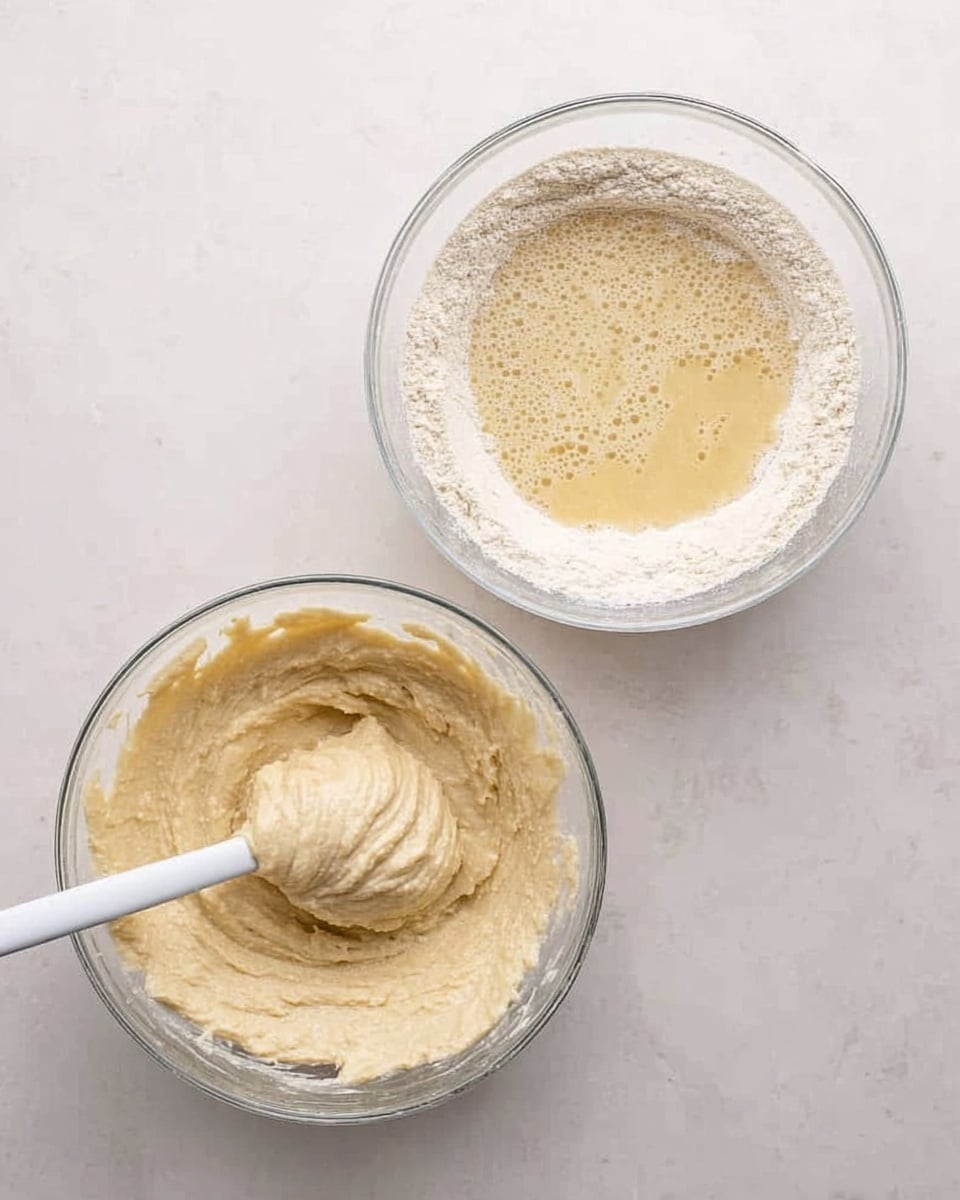 The image shows two clear glass bowls both placed on a white marbled surface. The bowl on the right contains a ring of light beige flour around the edges and a pool of bubbly pale yellow liquid mixture in the center, with a white spatula resting inside. The bowl on the left has a thick, smooth, light beige batter being stirred by the white spatula, with visible swirls and texture on the batter surface. photo taken with an iphone --ar 4:5 --v 7